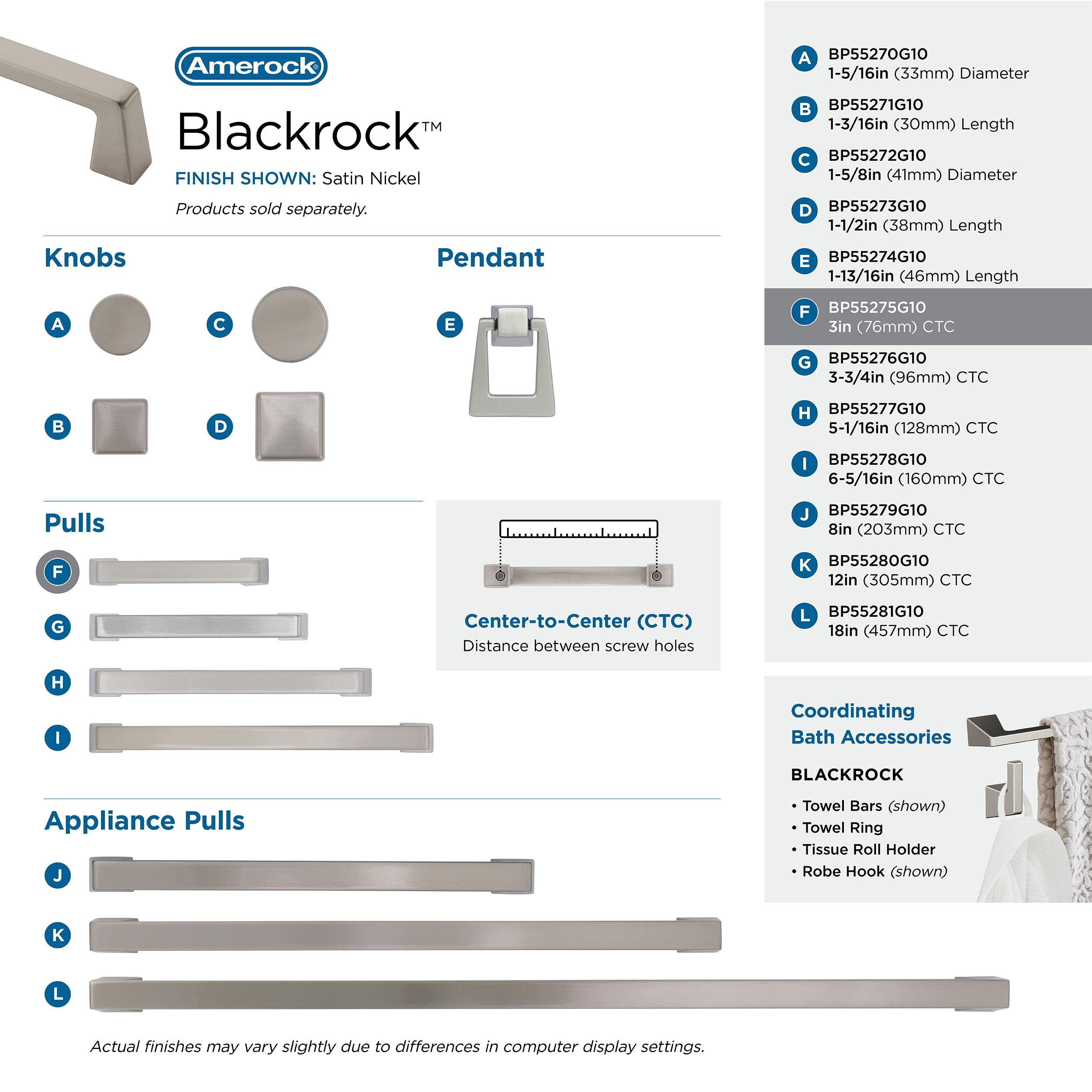 Amerock | Cabinet Pull | Satin Nickel | 3 inch (76 mm) Center to Center | Blackrock | 1 Pack | Drawer Pull | Drawer Handle | Cabinet Hardware