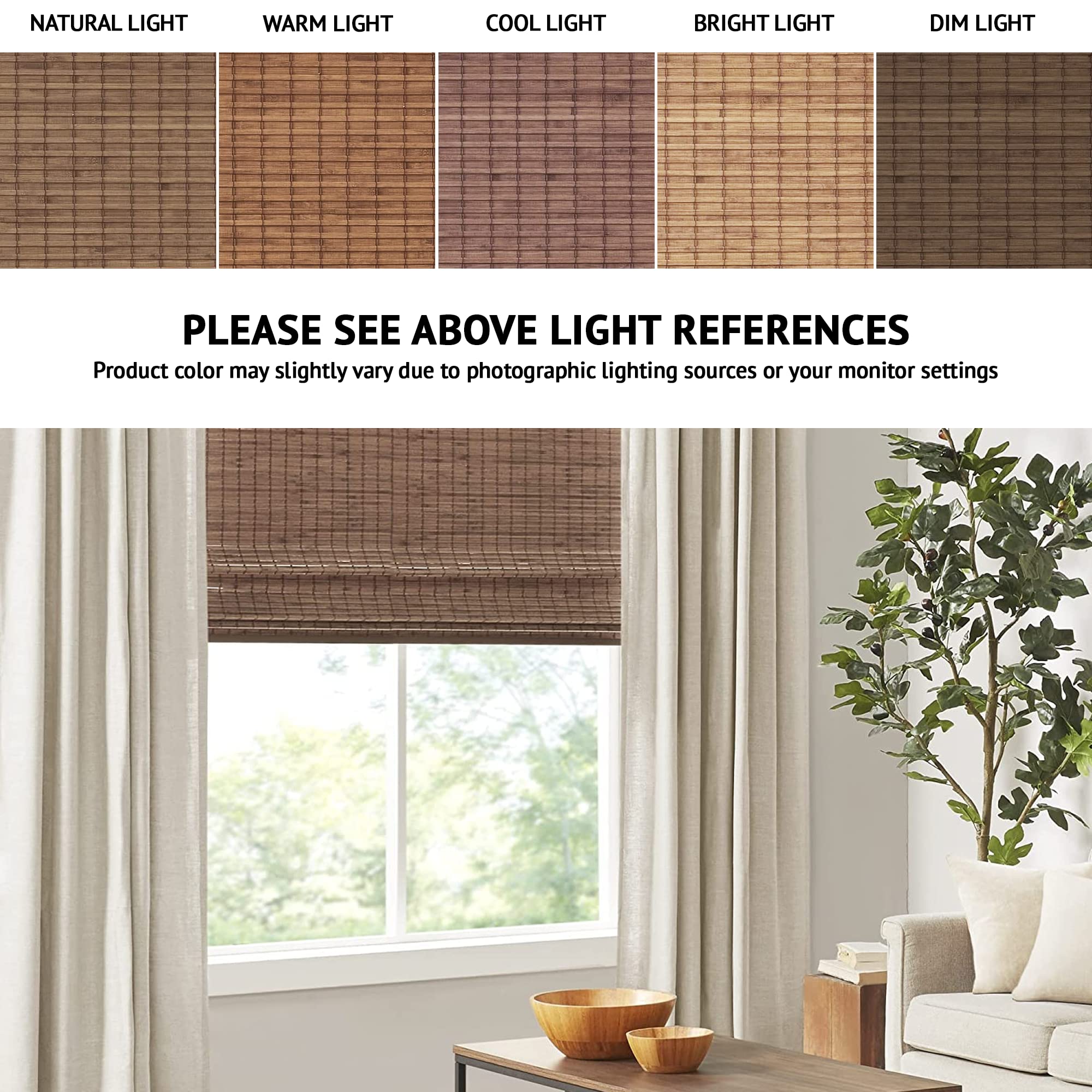 Madison Park Eastfield 100% Bamboo Cordless Roman Shades-Woven Wooden Privacy Panel, Light Filtering Easy Installation Window Blind Treatment, Bedroom, Living Room Decor, 29" W x 64" L, Teak