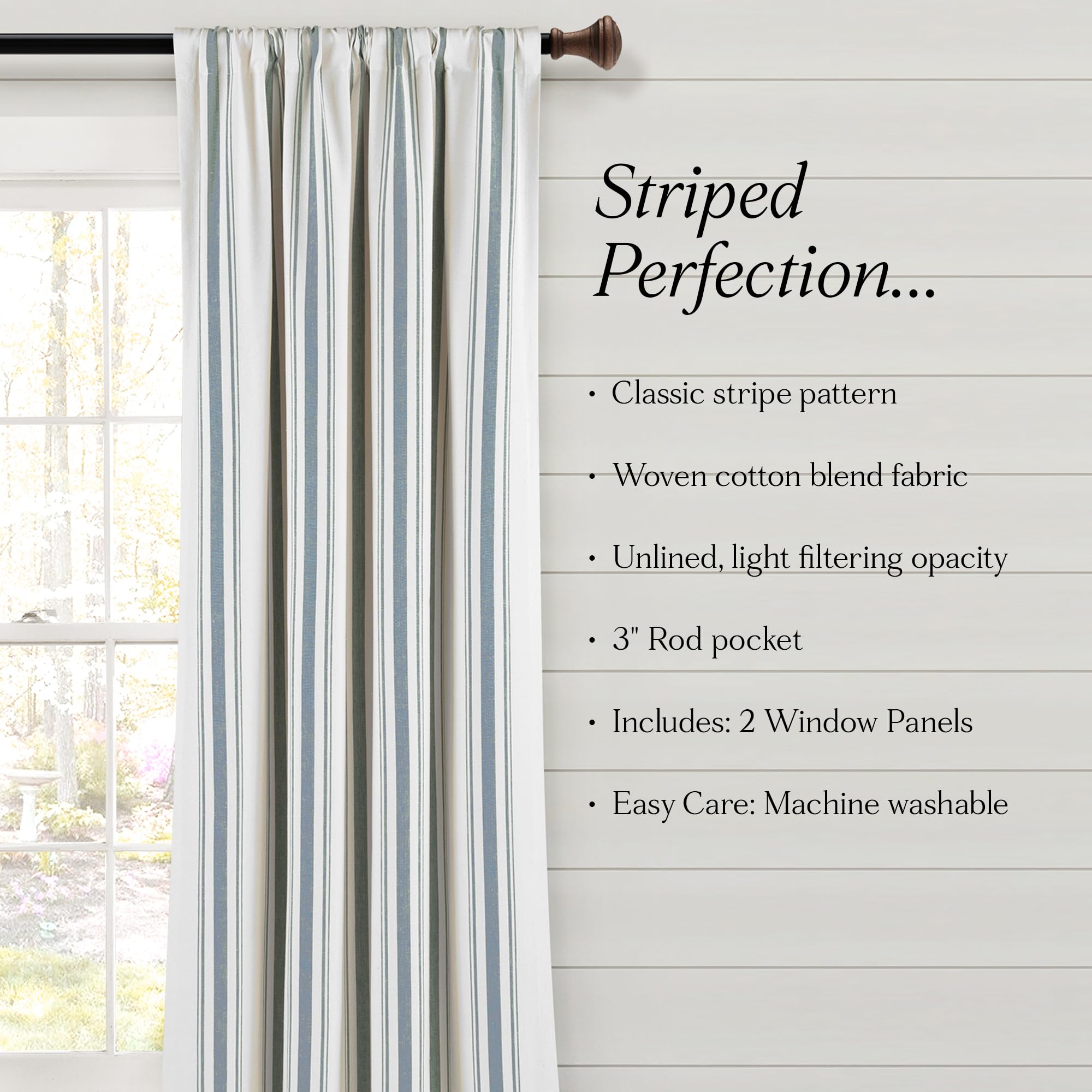 Lush Decor Farmhouse Stripe Yarn Dyed Eco-Friendly Recycled Cotton Window Curtain Panel Pair, 42" W x 95" L, Blue - Classic Modern Rustic Charm - Eco Friendly Cotton Fabric