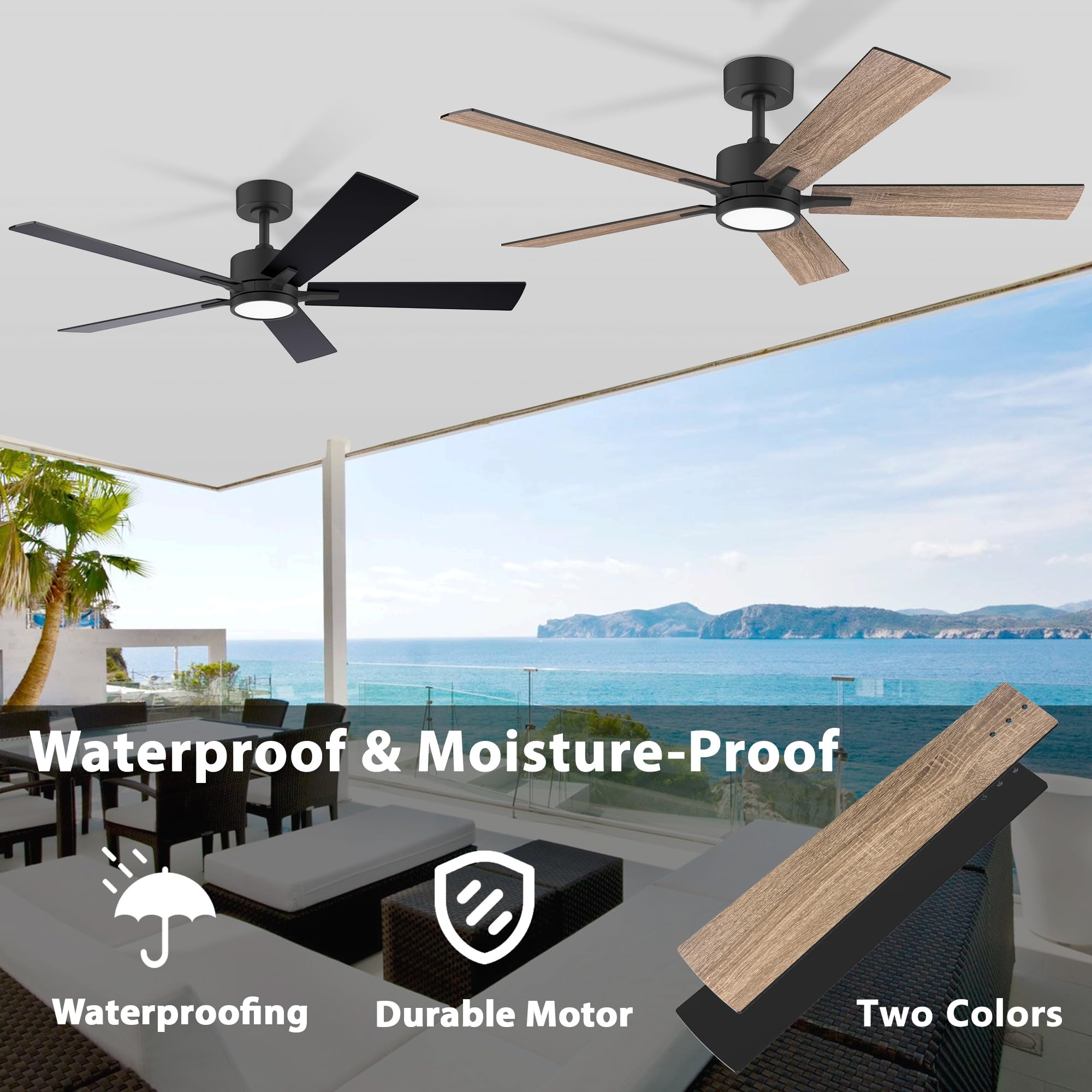 52" Ceiling Fan with Lights and Remote Control, Quiet DC Motor, Indoor outdoor Modern Ceiling Fans with Dimmable LED Light , 6-Speed, 5-Blade, Waterproof, Black/Light Brown for Bedroom, Patio, Porch