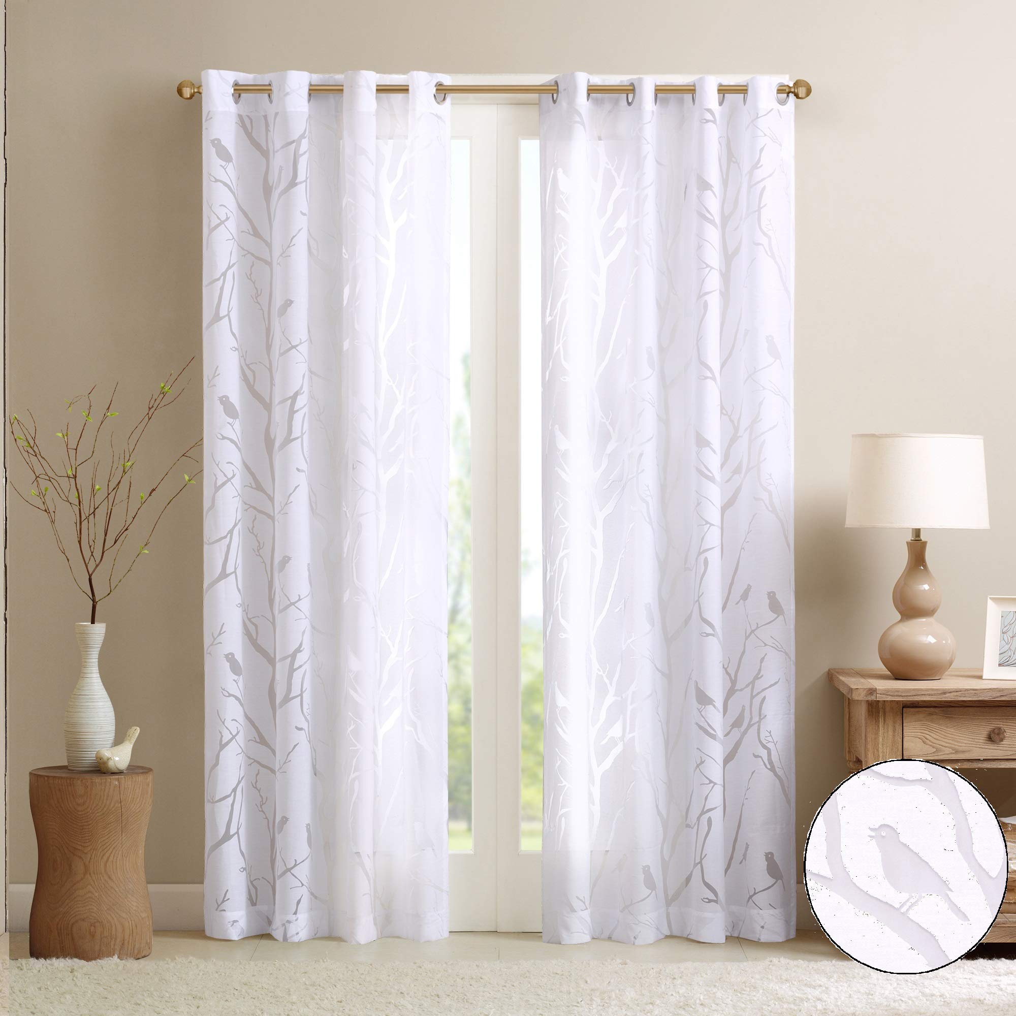Madison Park Semi Sheer Single Curtain Modern Contemporary Botanical Print Out Design Grommet Top, Window Drape for Living Room, Bedroom and Dorm, 50x84, Bird White