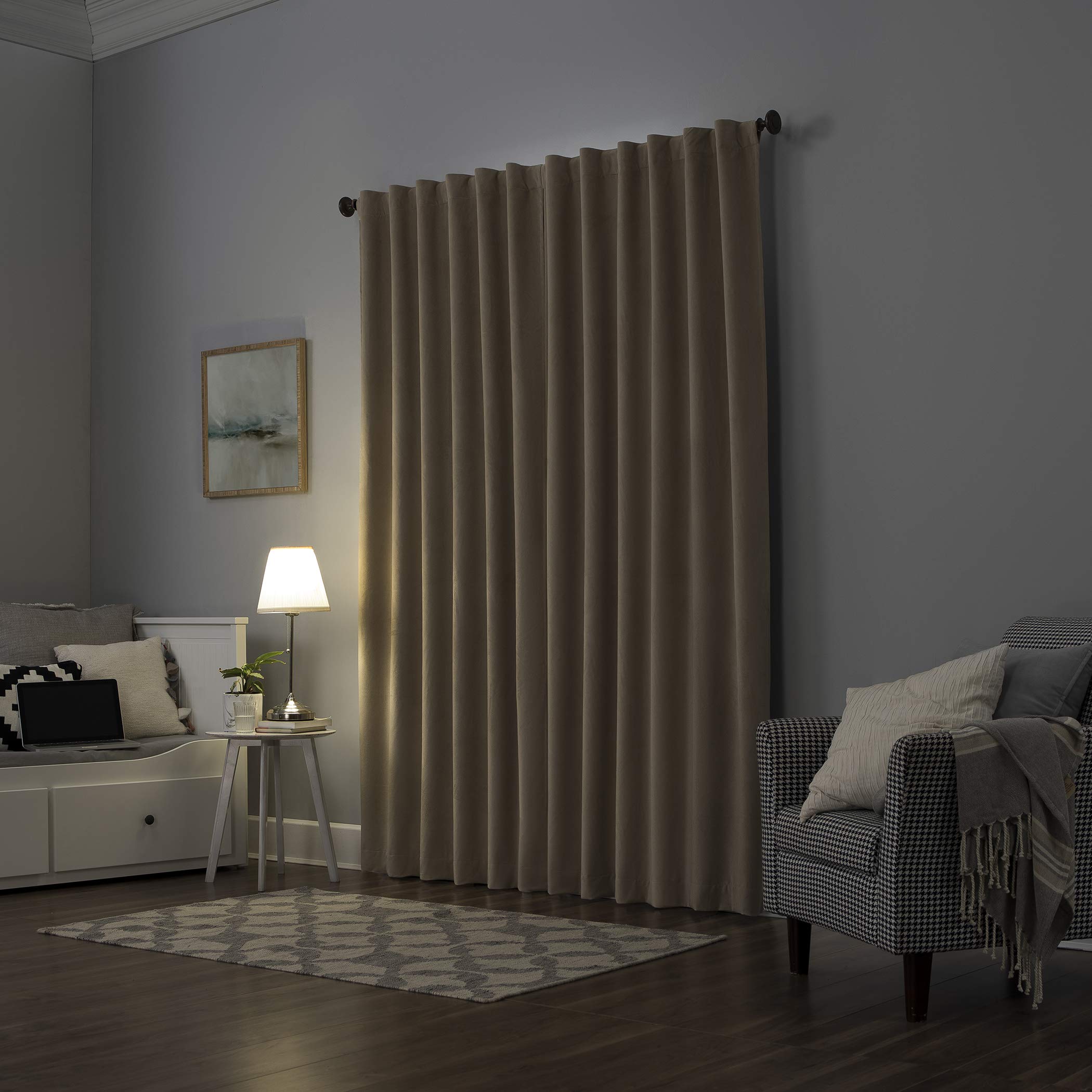 Sun Zero Hampshire Velvet Noise Reducing Thermal Extreme 100% Total Blackout Back Tab/Rod Pocket Curtain Panel, Ecru Off-White, 50"W x 84"L (1 Panel)