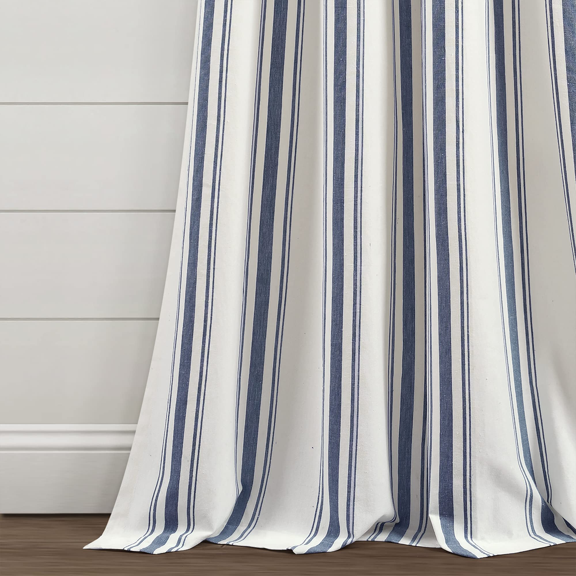 Lush Decor Farmhouse Stripe Yarn Dyed Eco-Friendly Recycled Cotton Window Curtain Panel Pair, 42" W x 95" L, Navy - Classic Modern Rustic Charm - Eco Friendly Cotton Fabric