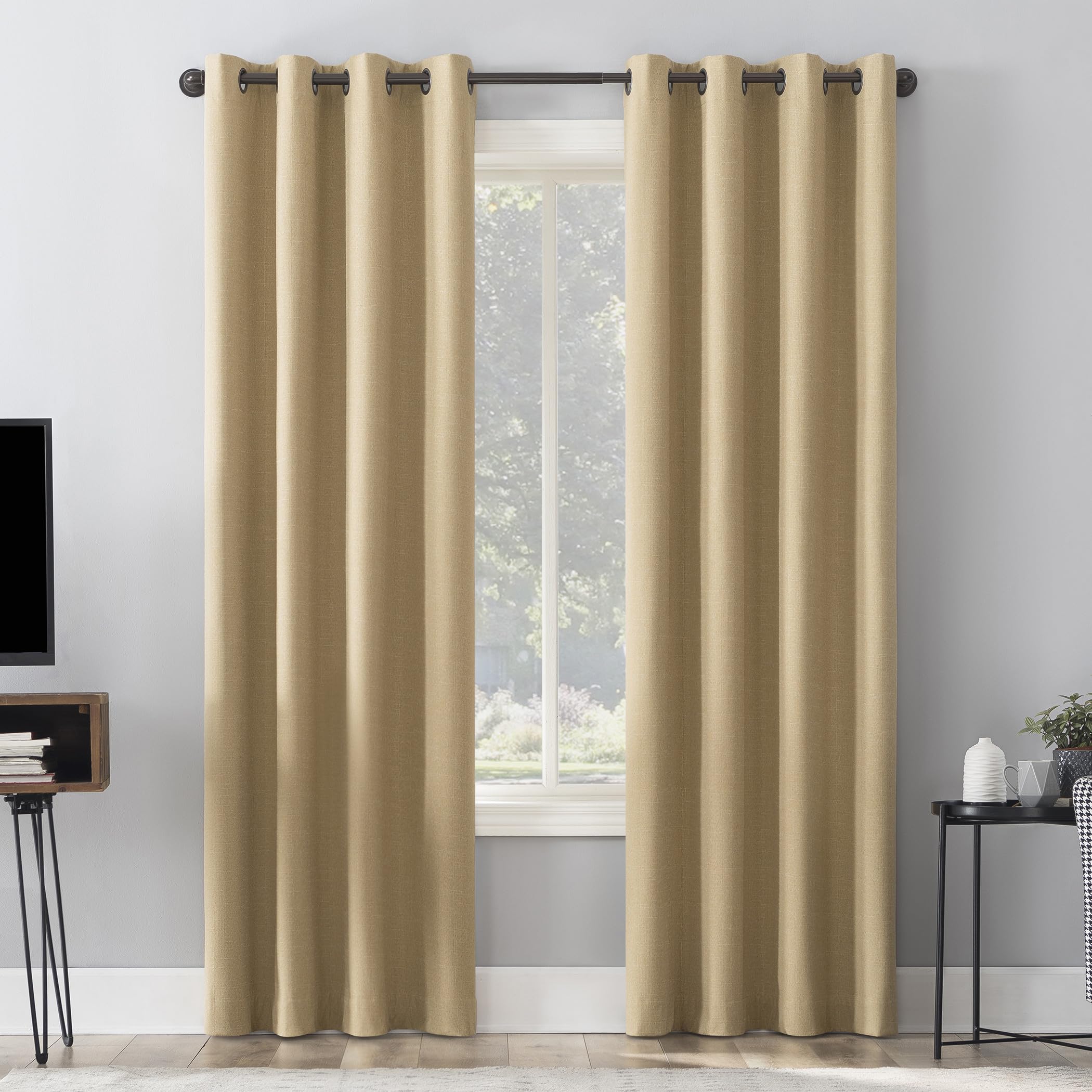 Sun Zero Channing Grid Texture Draft Shield Fleece Insulated Total Blackout Grommet Curtain Panel, 50" x 84", Soft Gold