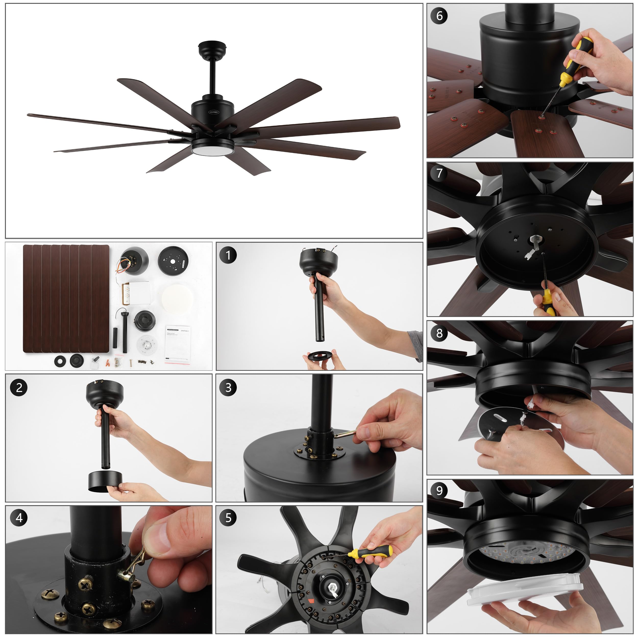 JONATHAN Y JYL9713B Octo 66" 1-Light Contemporary Industrial Iron/Plastic Mobile-App/Remote-Controlled 6-Speed Ceiling Fan with Integrated LED Light, Black/Neutral Brown Wood Finish