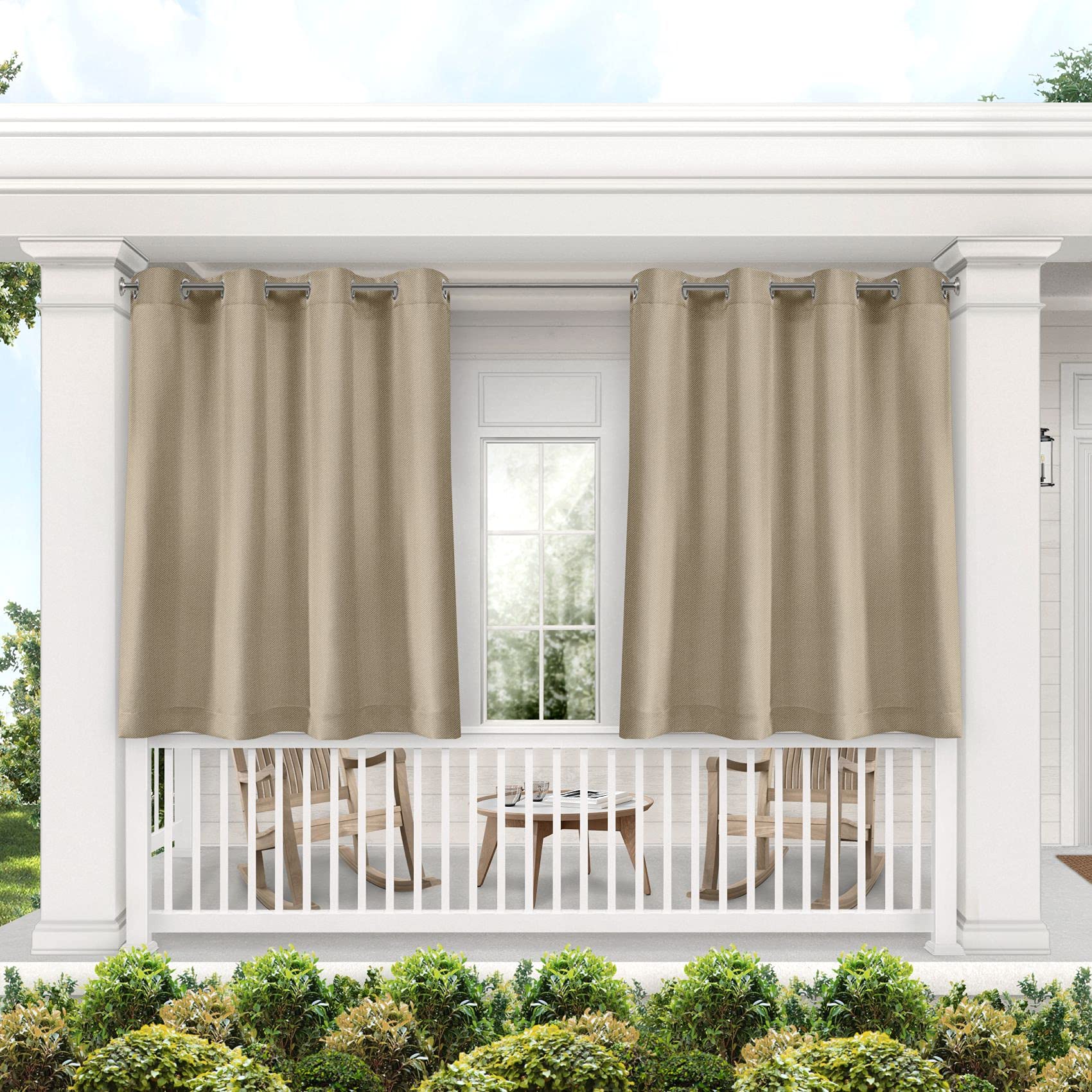 Exclusive Home Biscayne Indoor/Outdoor Two Tone Textured Grommet Top Curtain Panel, 54"x96", Sand, Set of 2