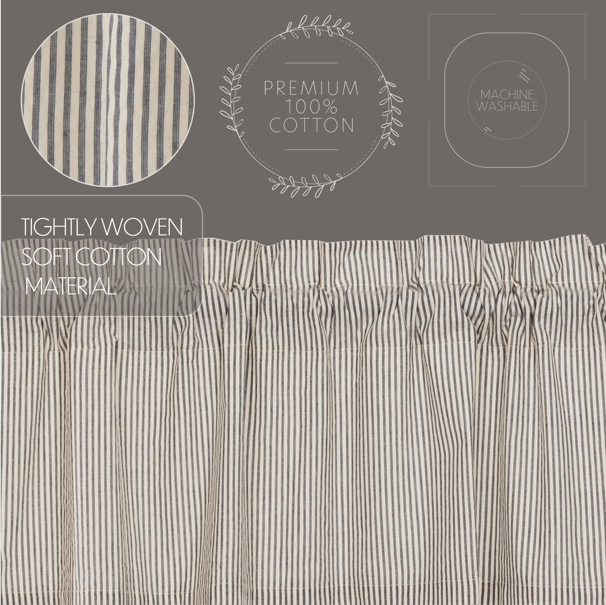 VHC Brands Hatteras Seersucker Ticking Striped Cotton Americana Curtains Rod Pocket Drawstring Ties Prairie Panel Pair, 84x36x18, Denim Blue
