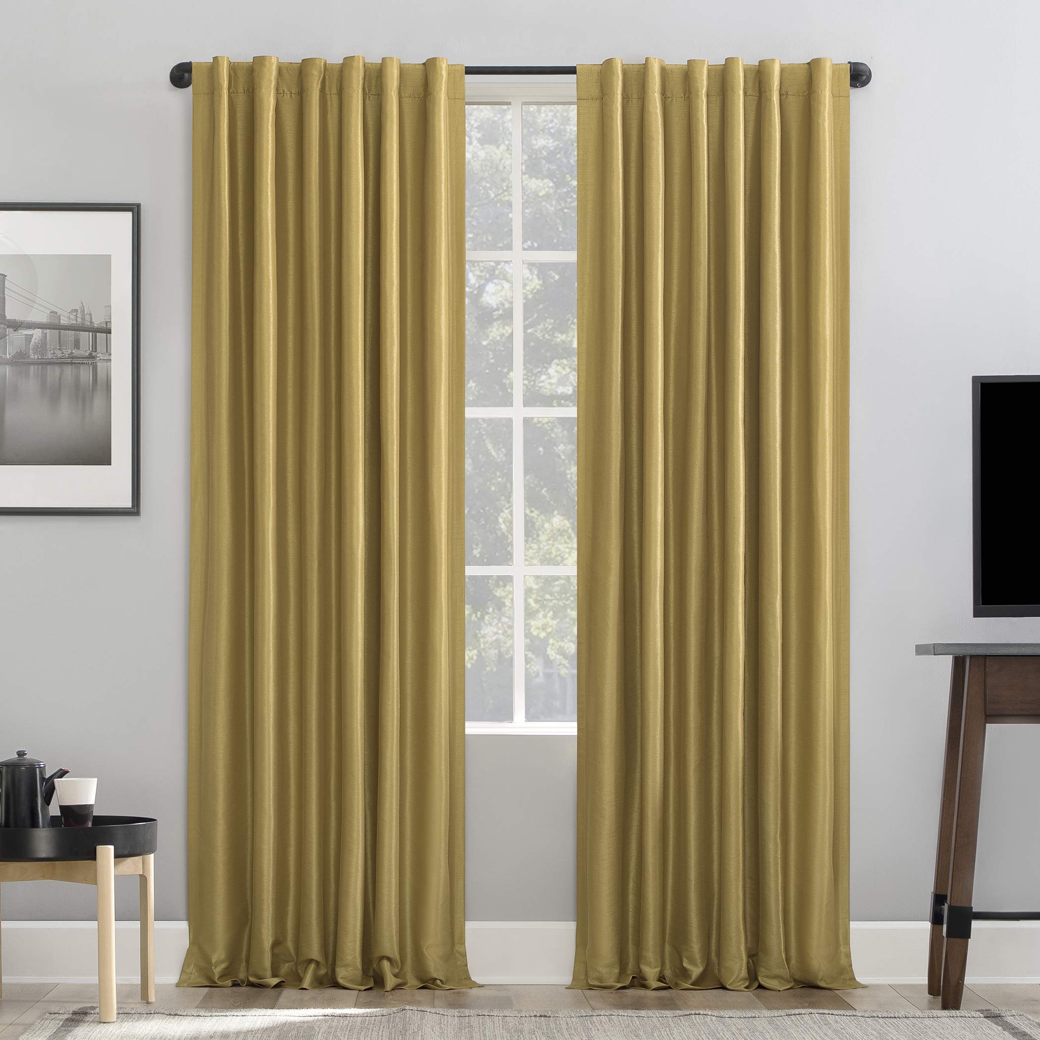 Sun Zero Greyson Faux Dupioni Silk Thermal Extreme Total Blackout Back Tab Curtain Panel, 50" x 95", Gold