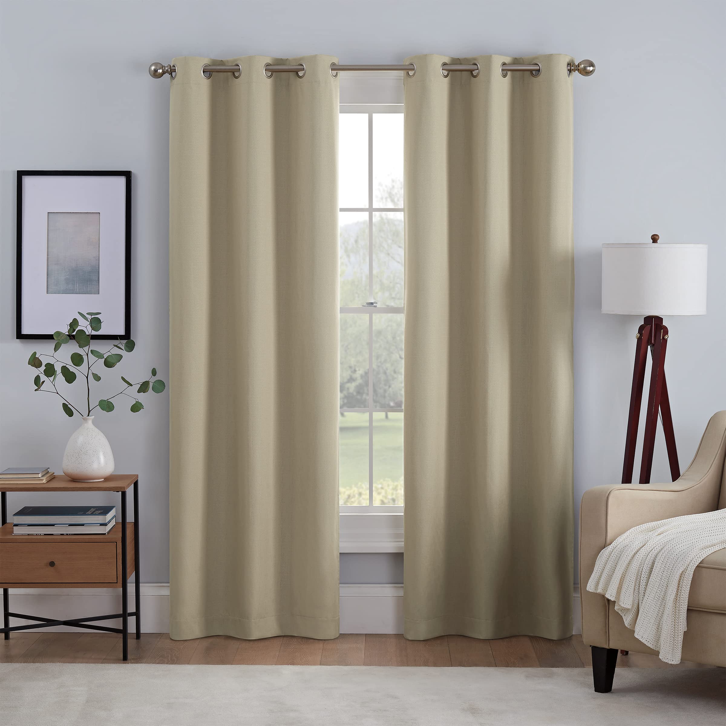 ECLIPSE Kylie Absolute Zero Blackout Noise Reducing Grommet Lined Window Curtains for Living Room (2 Panels), 37 in x 84 in, Tan