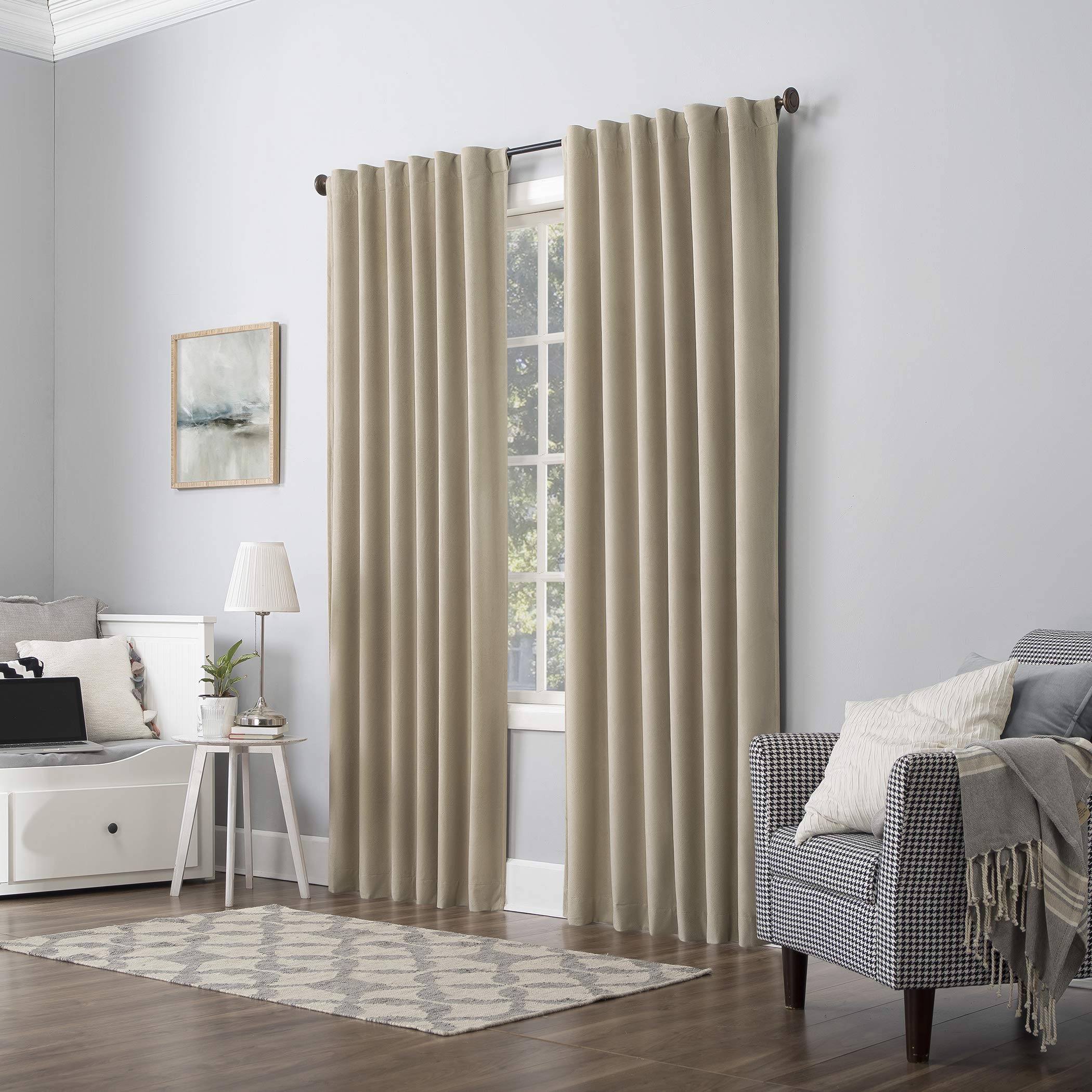 Sun Zero Hampshire Velvet Noise Reducing Thermal Extreme 100% Total Blackout Back Tab/Rod Pocket Curtain Panel, Ecru Off-White, 50"W x 84"L (1 Panel)
