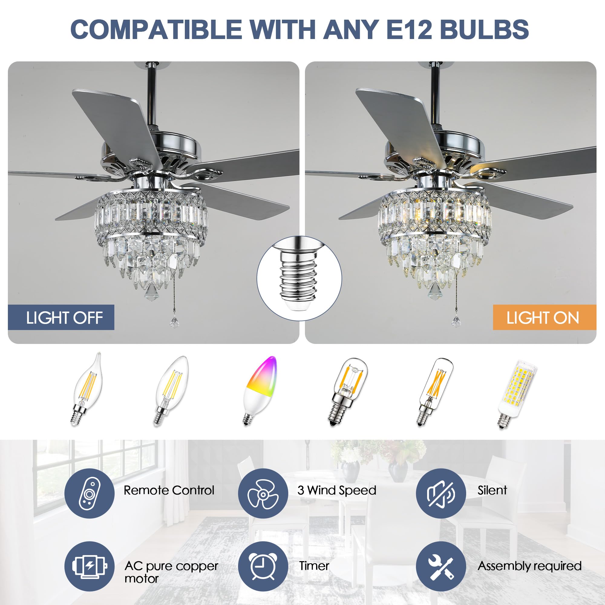 Oaks Aura 52 Inch Crystal Chandelier Ceiling Fan Chrome Gorgeous Modern Reversible Ceiling Fan Light Fixture with Remote for Dining Room,Living Room,Bedroom