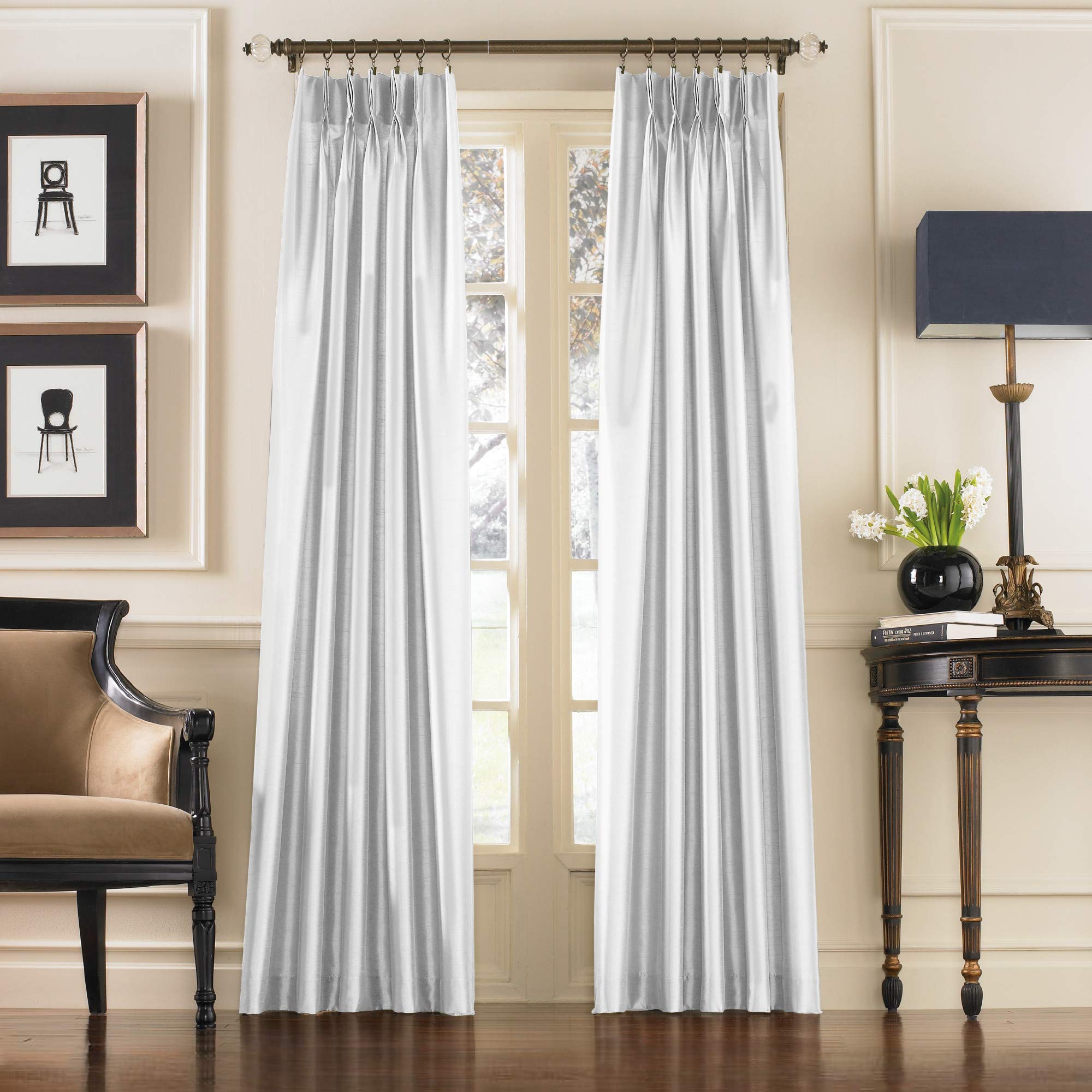 Marquee Faux Silk Pinch Pleat/Back Tab Lined Curtain, 1 Panel, 84-inch, White