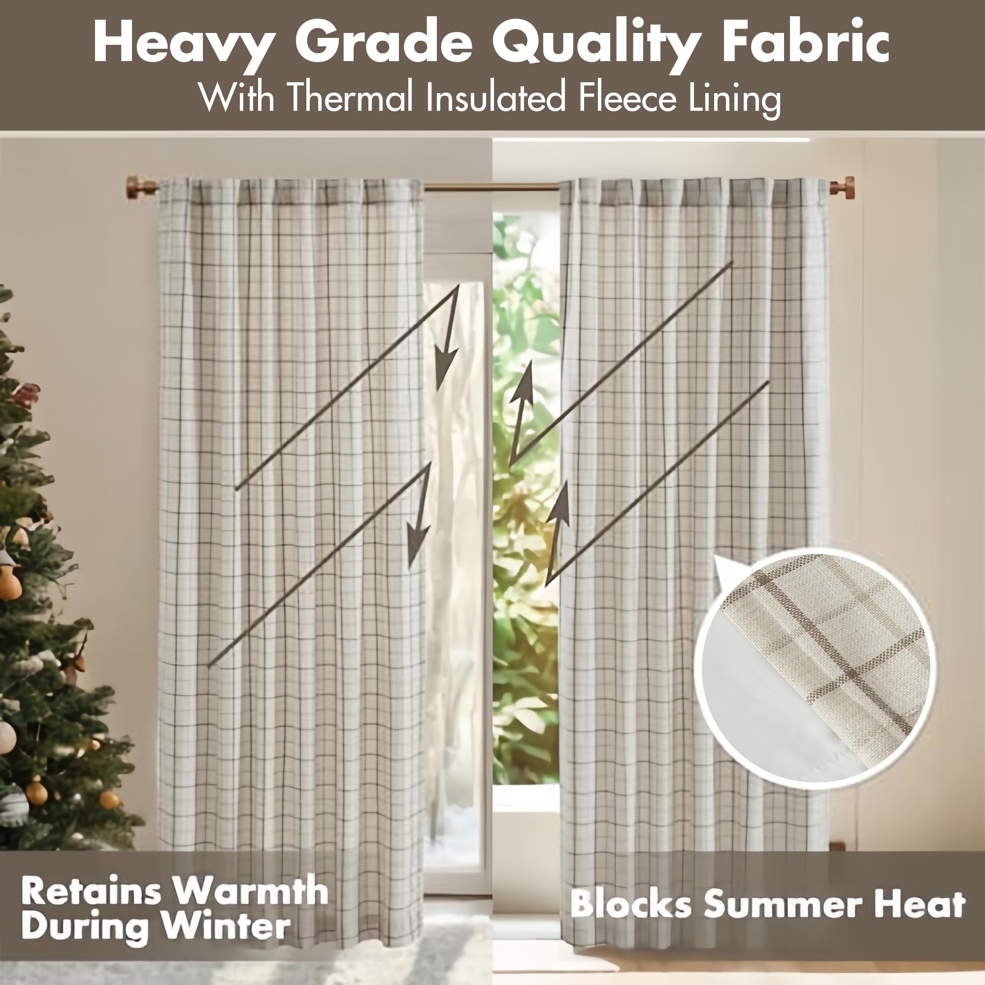 Madison Park Anaheim Cabin Plaid Curtain Window, Thermal Insulated Fleece Lining, Living Room Darkening Drape for Bedroom Decor, 1-Single Panel Pack, 50" x 95", Rod Pocket, Natural