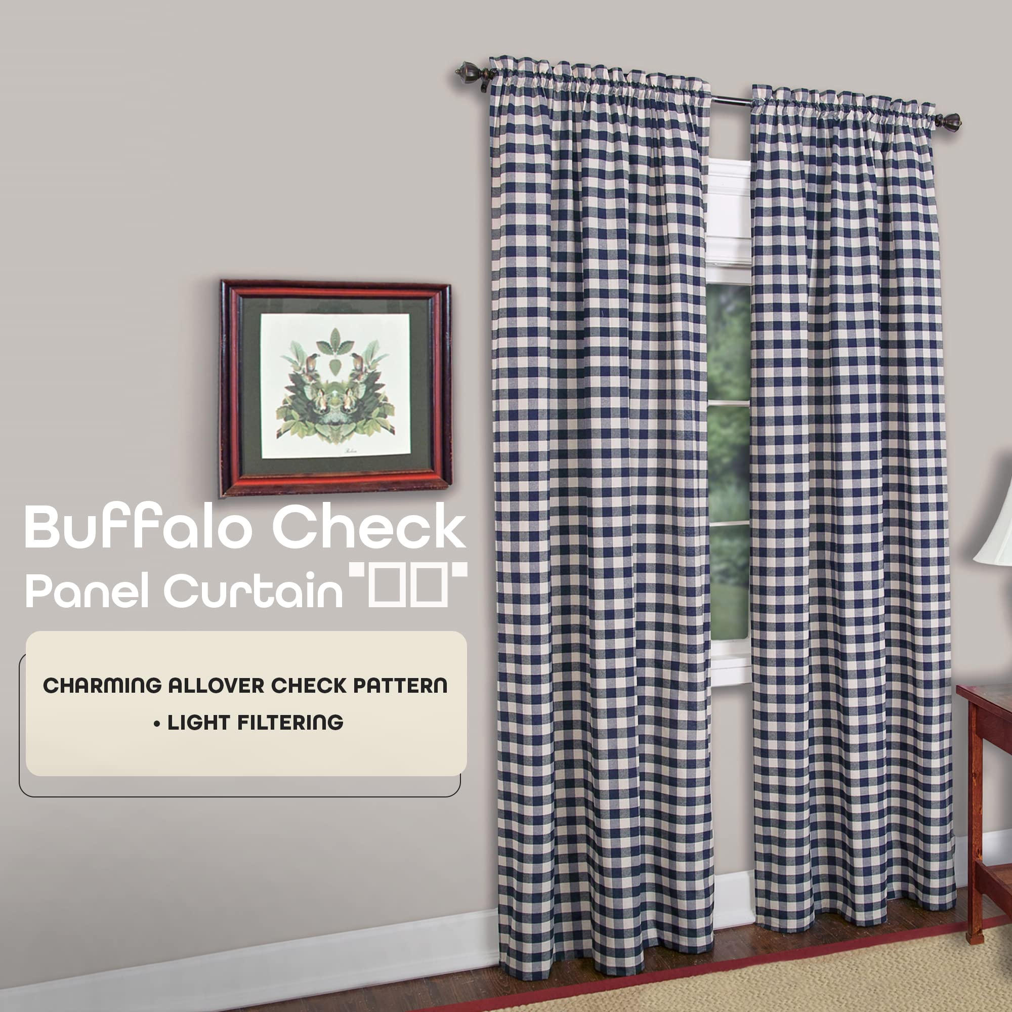 Buffalo Check Panel Window Curtain - 42 Inch Width, 95 Inch Length - Navy & Ivory Plaid - Light Filtering Farmhouse Country Drapes for Bedroom Living & Dining Room by Achim Home Decor