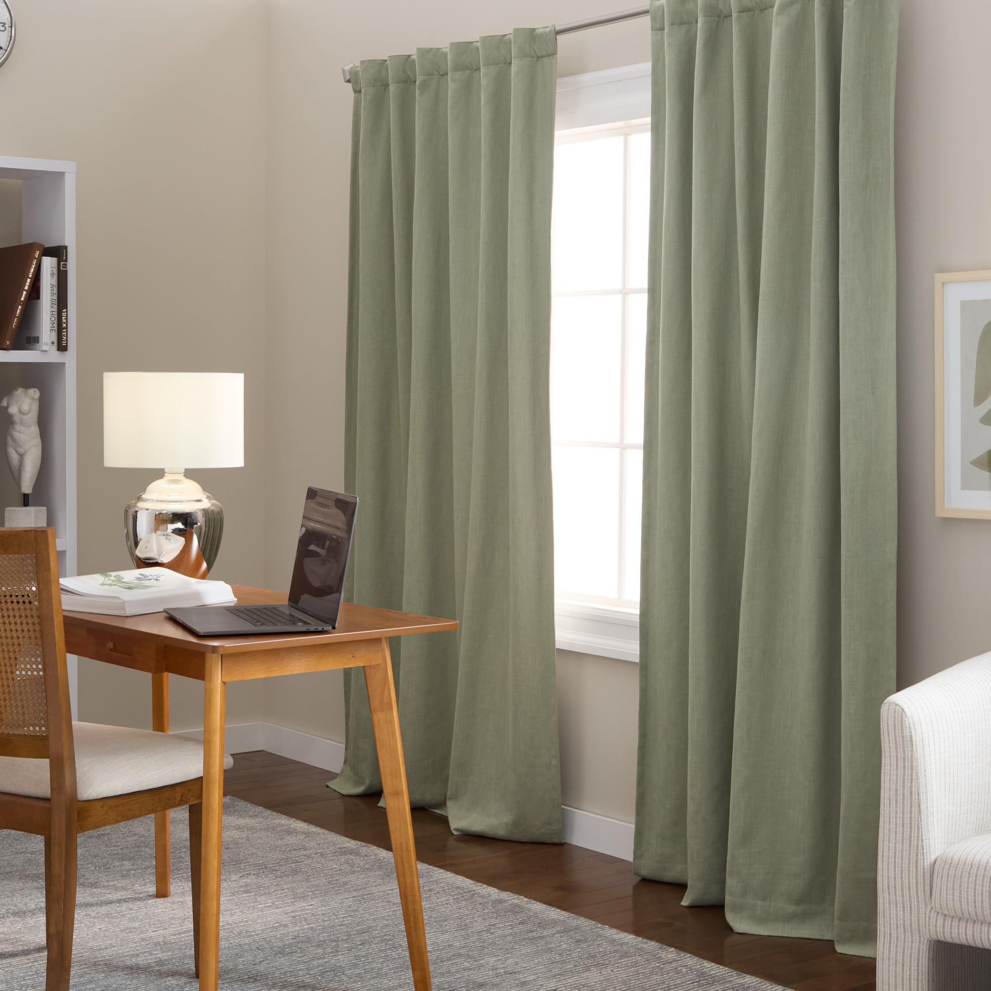 Town & Country Luxe Davos Solid Linen Texture Indoor Curtains, 100% Blackout with Energy Efficient Lining, Back Tab/Rod Pocket Top, 2-Pack Set, Sage Green, 50"x96"