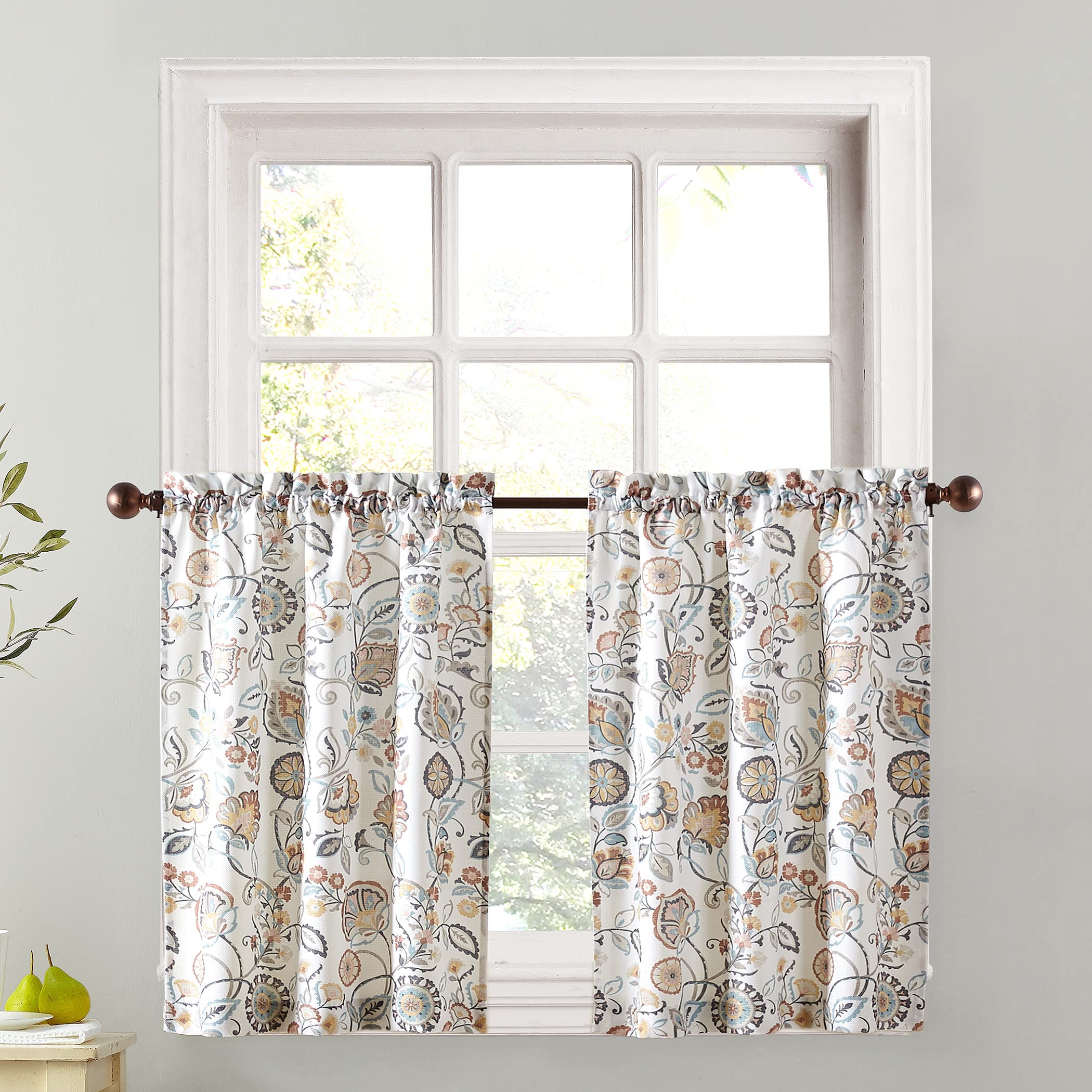 No. 918 Signy Jacobean Pattern Semi-Sheer Rod Pocket Kitchen Curtain Tier Pair, 54" x 36", White