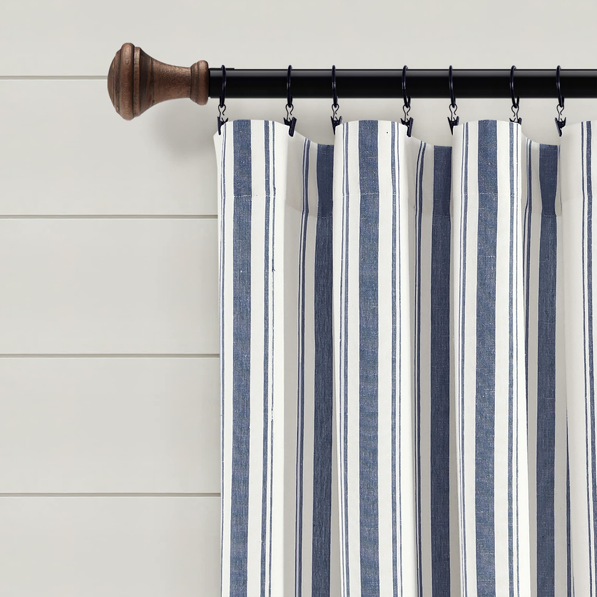 Lush Decor Farmhouse Stripe Yarn Dyed Eco-Friendly Recycled Cotton Window Curtain Panel Pair, 42" W x 95" L, Navy - Classic Modern Rustic Charm - Eco Friendly Cotton Fabric