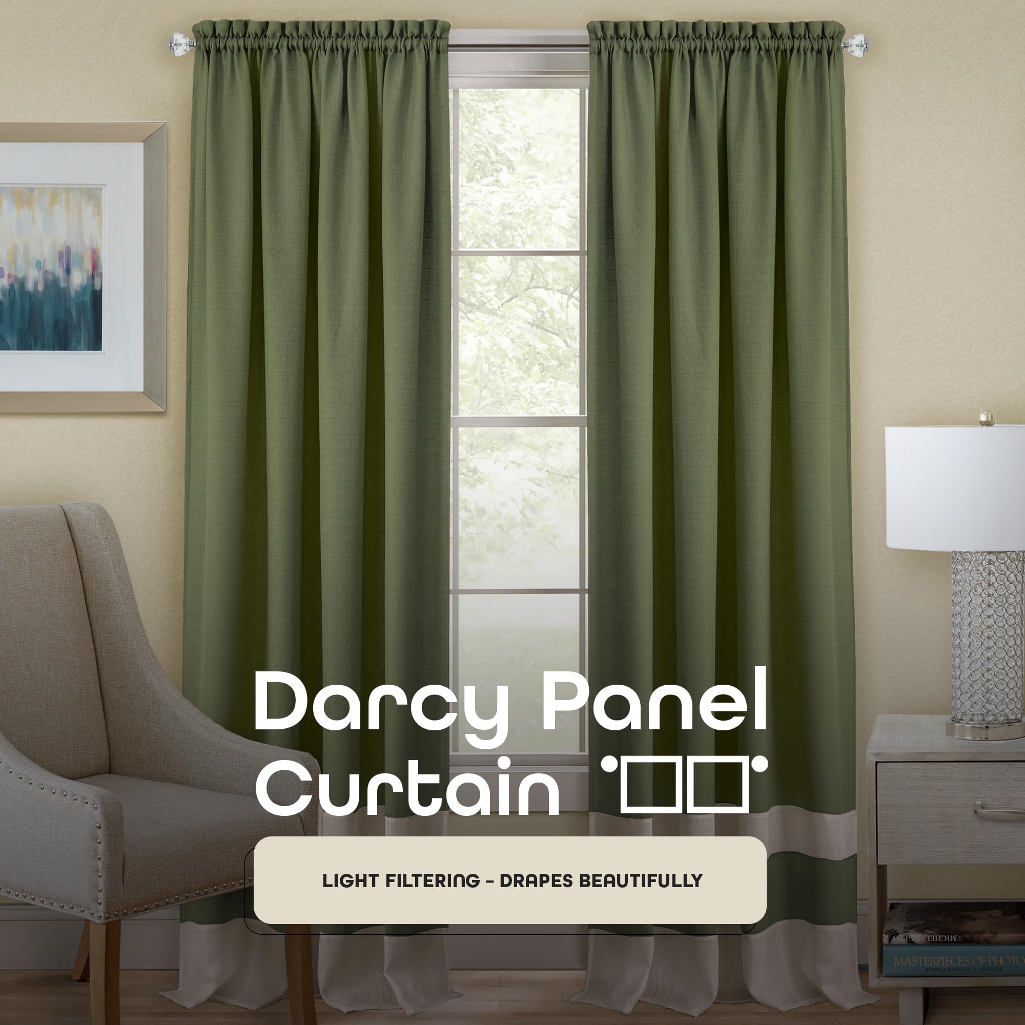 ACHIM Light Filtering Curtain Panel for Windows - 52 x 84 - Lightweight Rod Pocket Drapes for Bedroom, Living Room - Polyester, Machine Washable - Green/Camel