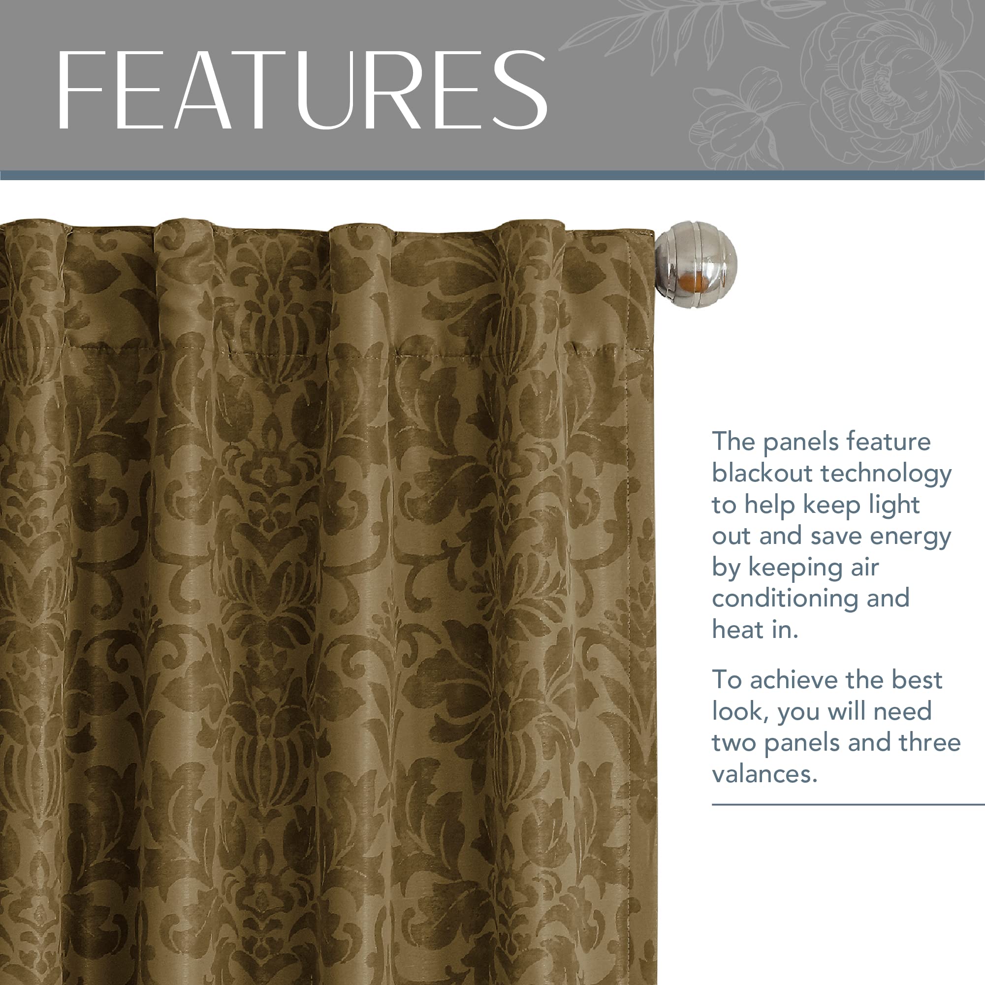 Elrene Home Fashions Antonia Floral Damask Blackout Single Window Curtain Panel, 52"x95", Antique Gold