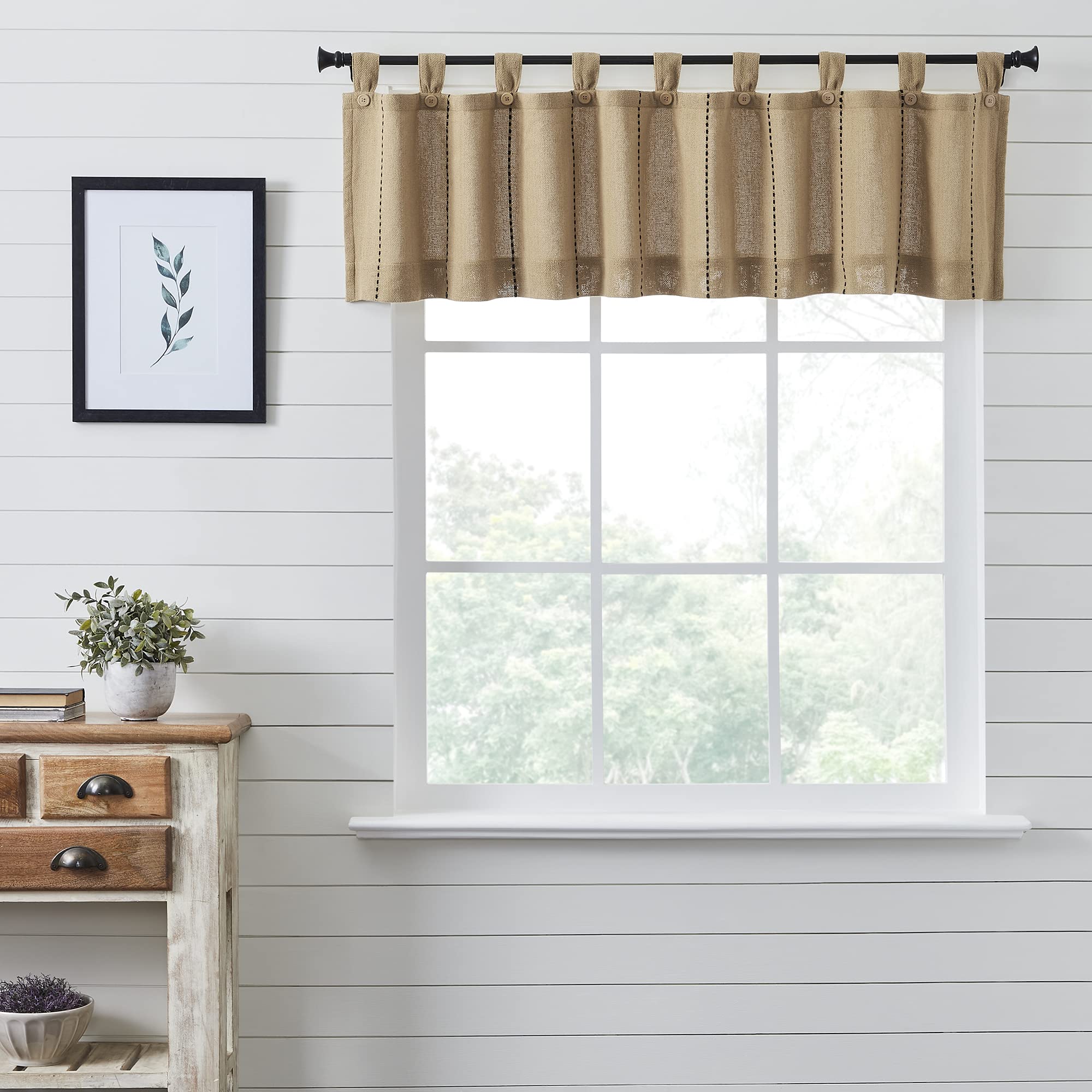 VHC Brands Stitched Burlap Curtain Valance, Natural, 16x72