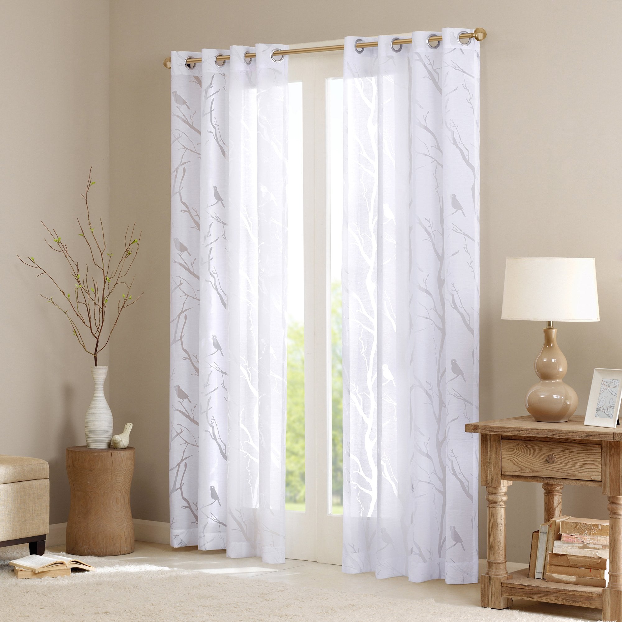 Madison Park Semi Sheer Single Curtain Modern Contemporary Botanical Print Out Design Grommet Top, Window Drape for Living Room, Bedroom and Dorm, 50x84, Bird White