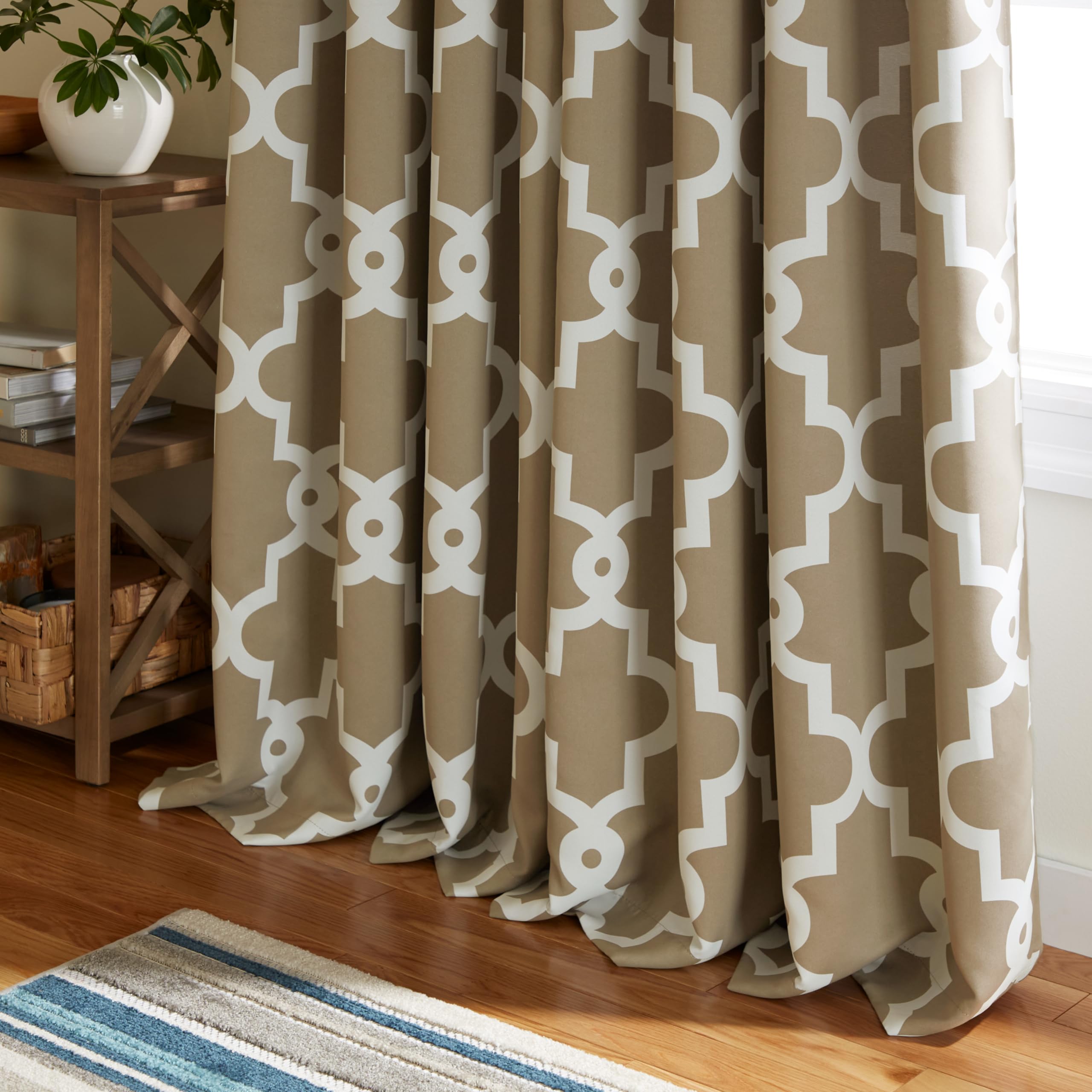 TOWN & COUNTRY EVERYDAY Ironwork Geo Trellis Sateen Indoor Curtains, Room Darkening Blackout, Grommet Top, Energy Efficient, 2-Pack Set, 52"x84", Taupe