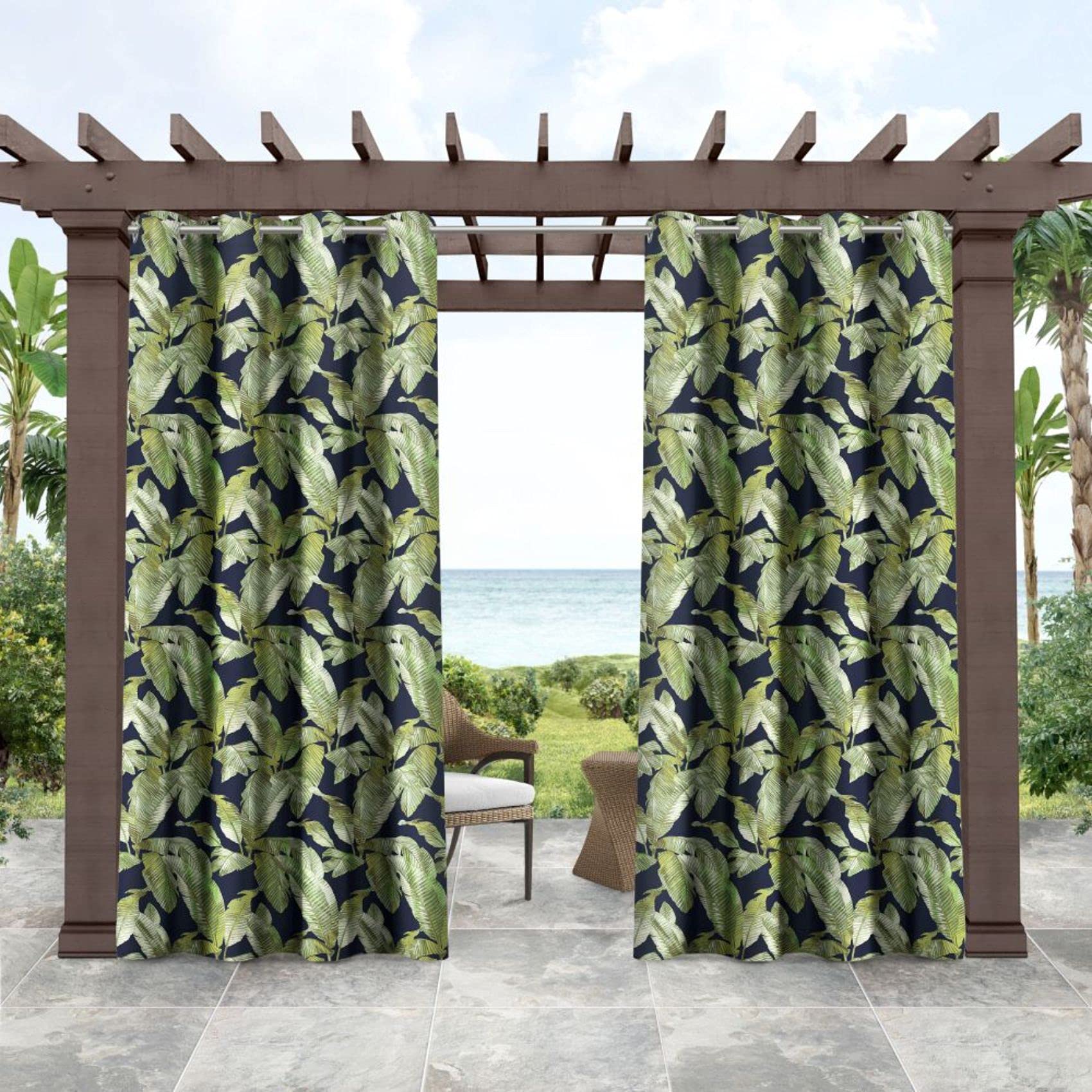 Tommy Bahama Indoor/Outdoor Island Palm Light Filtering Grommet Top Curtain Panel, 54"x108", Island Deep, Set of 2