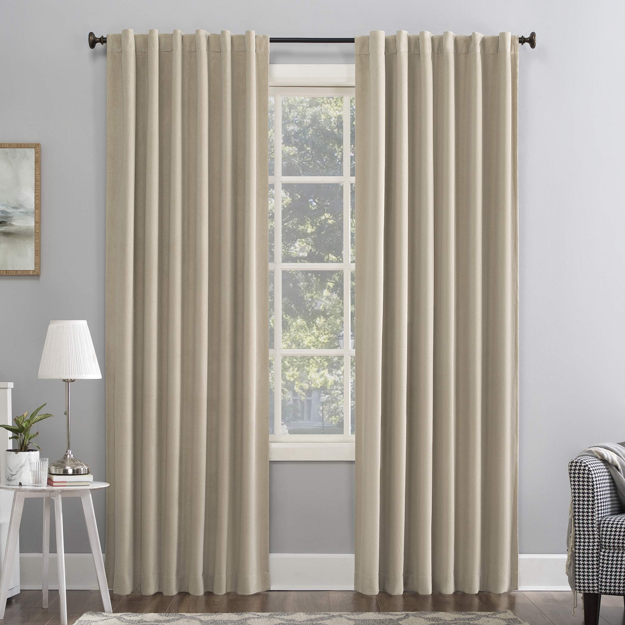Sun Zero Hampshire Velvet Noise Reducing Thermal Extreme 100% Total Blackout Back Tab/Rod Pocket Curtain Panel, Ecru Off-White, 50"W x 96"L (1 Panel)