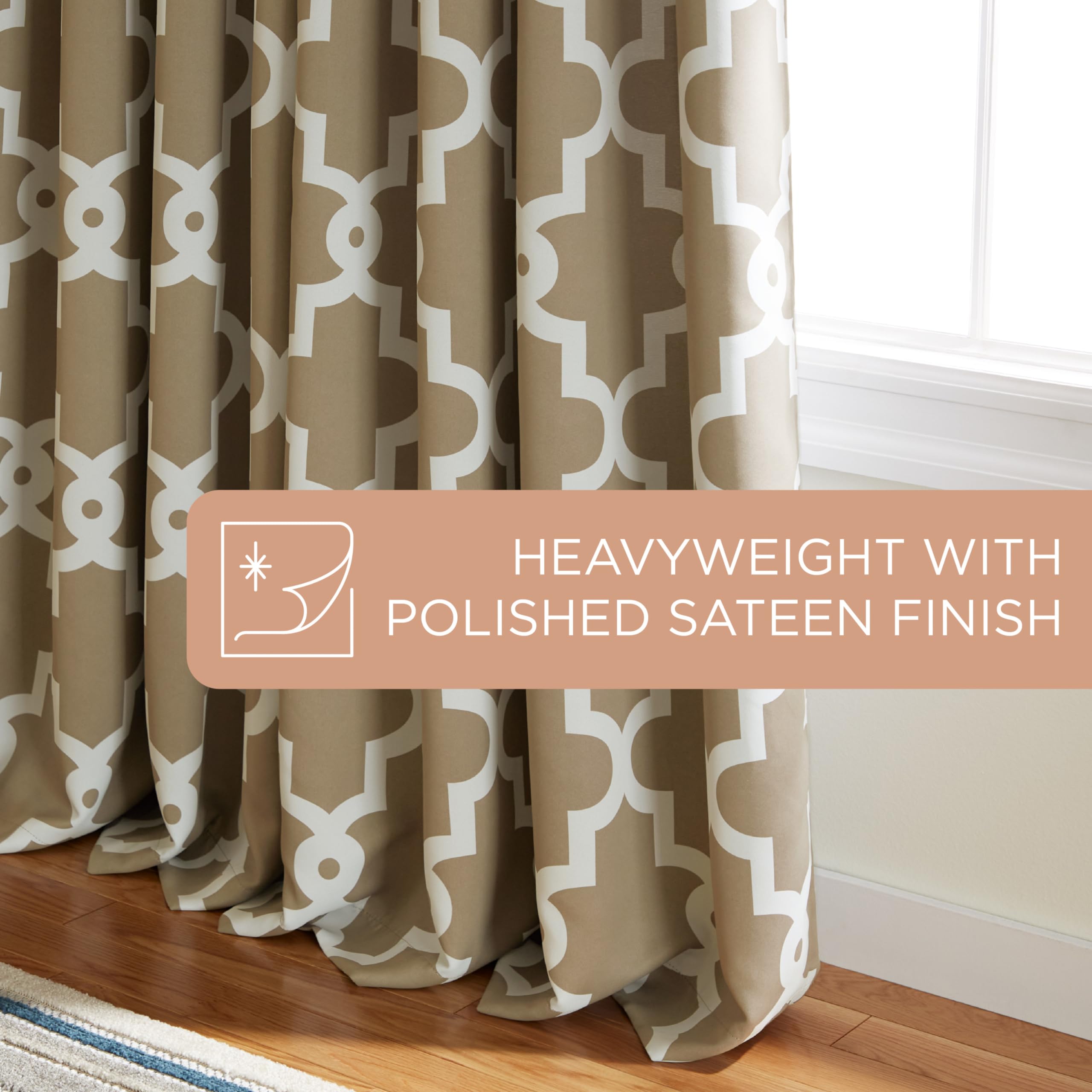 TOWN & COUNTRY EVERYDAY Ironwork Geo Trellis Sateen Indoor Curtains, Room Darkening Blackout, Grommet Top, Energy Efficient, 2-Pack Set, 52"x84", Taupe