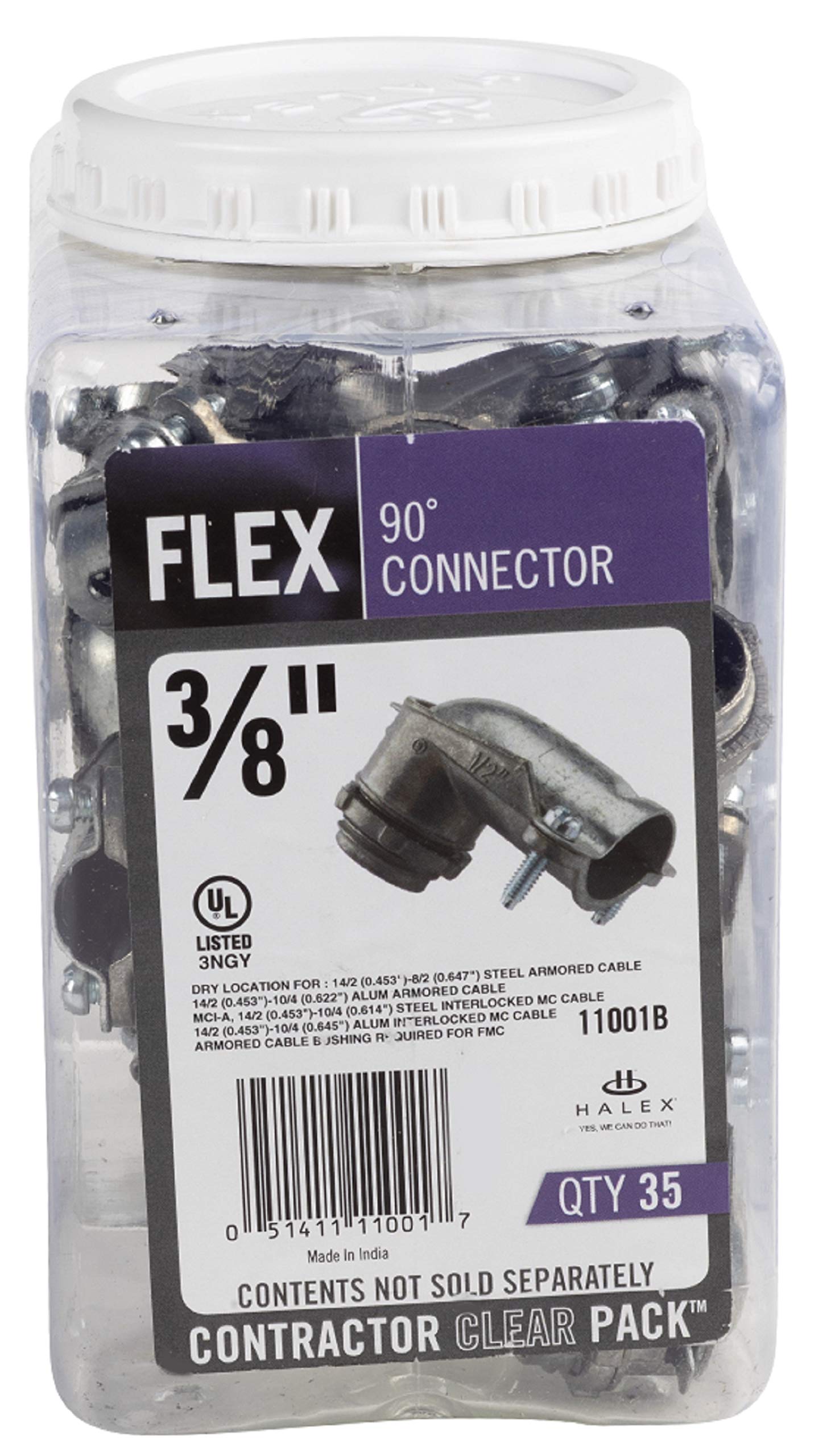 Halex �3/8 Inch FLEX 90 Degree Connector (1/2 Inch KO) Silver � 11001B - 35 Per Pack