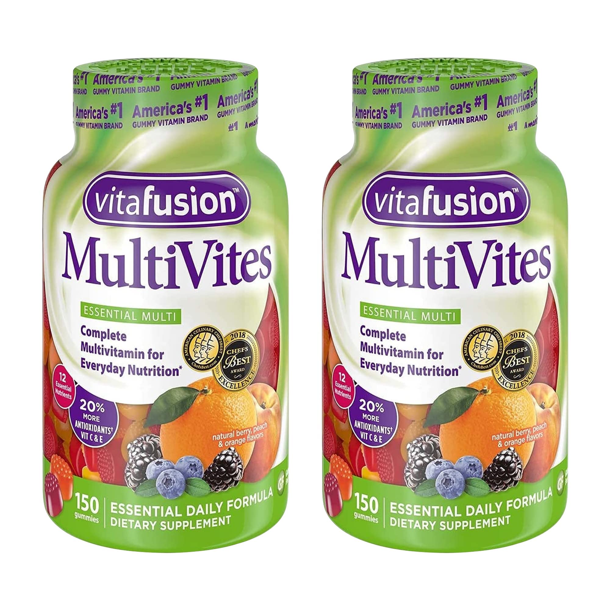 Vitafusion MultiVites Gummies Vitamins for Adults Berry, Peach and Orange - 150 ct, Pack of 2