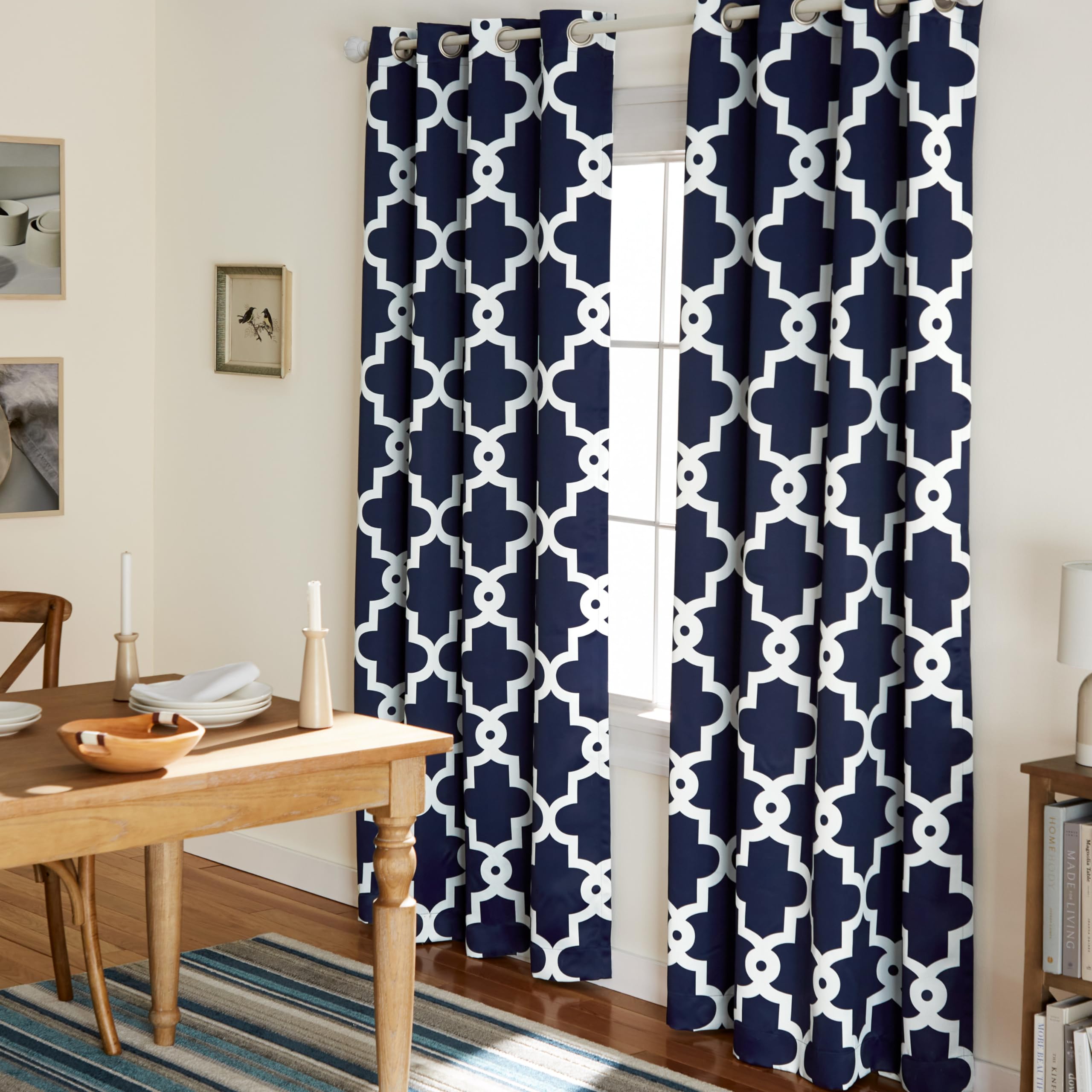 Exclusive Home Ironwork Sateen Woven Room Darkening Blackout Grommet Top Curtain Panel Pair, 52"x84", Peacoat Blue