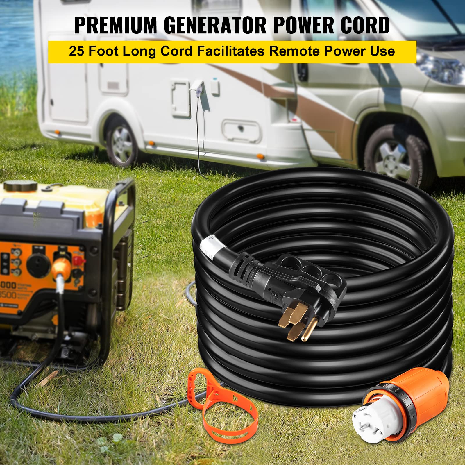 VEVOR Heavy Duty Generator Cord, 25 Feet Generator Power Cord, 50AMP ETL Listed Cord, 12000 Watts Black Cable, SS2-50R Generator Plug, SS2-50P Extension Cord, 125/250V Generator Wire w/Portable Strap