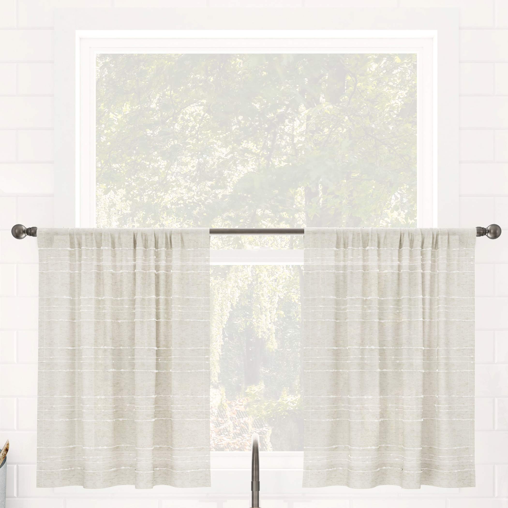 Clean Window Textured Slub Stripe Anti-Dust Allergy/Pet Friendly Sheer Cafe Curtain, 52" x 36", Linen