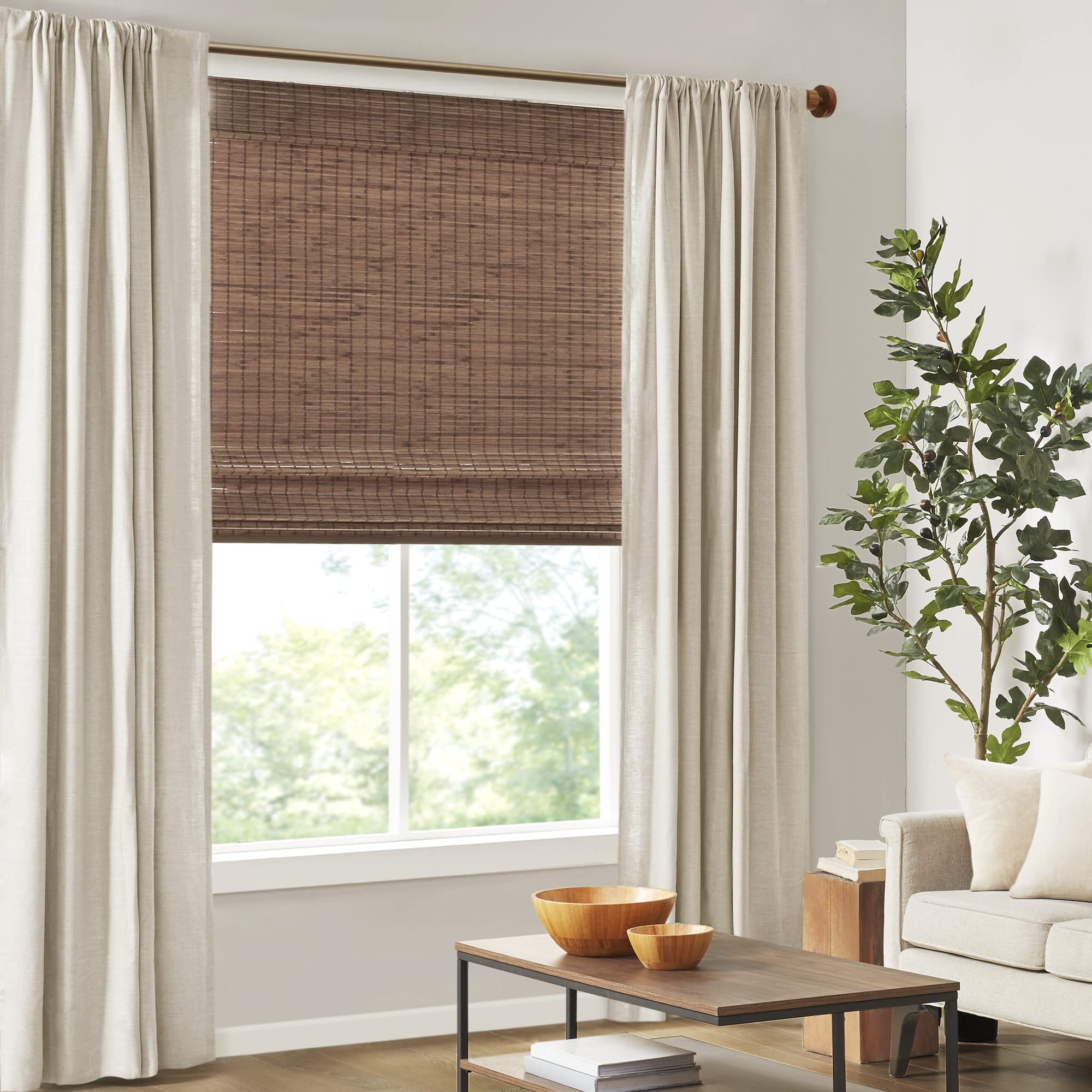 Madison Park Eastfield 100% Bamboo Cordless Roman Shades-Woven Wooden Privacy Panel, Light Filtering Easy Installation Window Blind Treatment, Bedroom, Living Room Decor, 29" W x 64" L, Teak