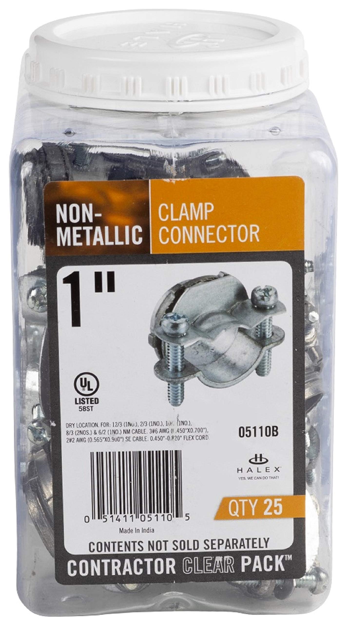 Halex � 1 Inch Non Metallic Clamp Connector � 05110B � 25 Per Pack � Silver