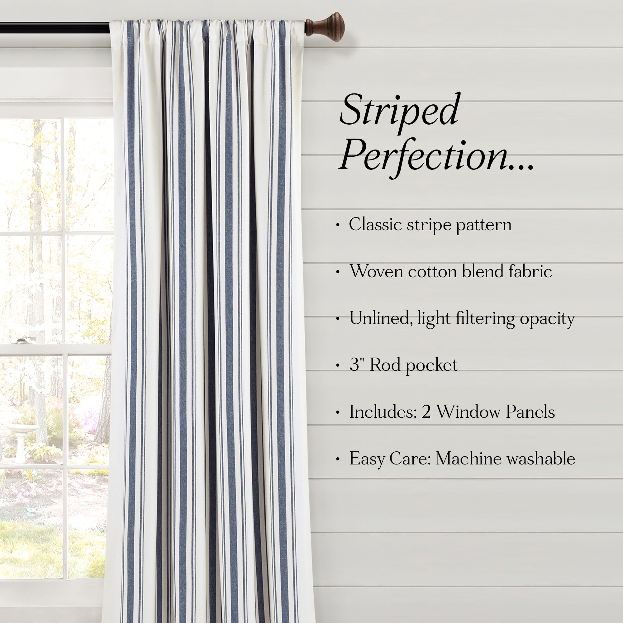Lush Decor Farmhouse Stripe Yarn Dyed Eco-Friendly Recycled Cotton Window Curtain Panel Pair, 42" W x 95" L, Navy - Classic Modern Rustic Charm - Eco Friendly Cotton Fabric
