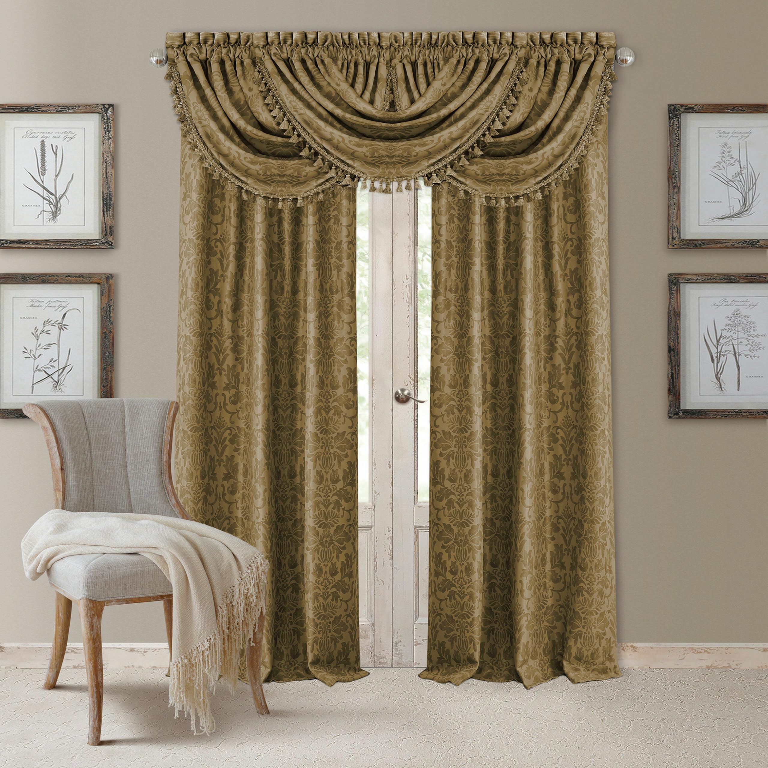 Elrene Home Fashions Antonia Floral Damask Blackout Single Window Curtain Panel, 52"x95", Antique Gold