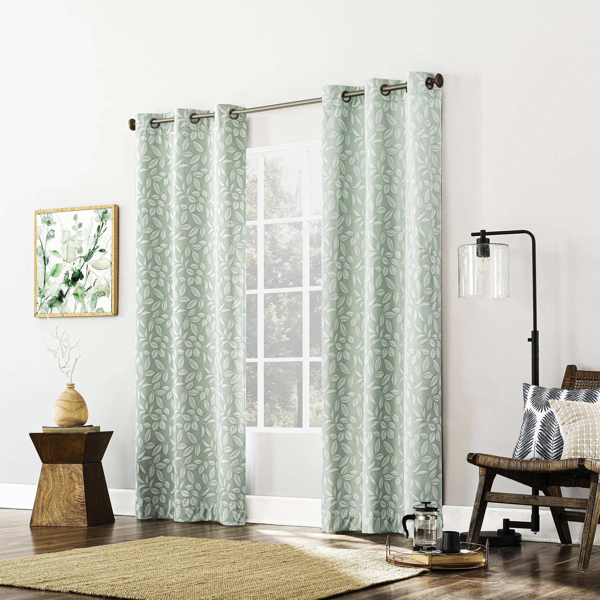 Sun Zero Satti Embroidered Leaf 100% Total Blackout Grommet Curtain Panel, Sage Green, 40" W x 84" L (1 Panel)