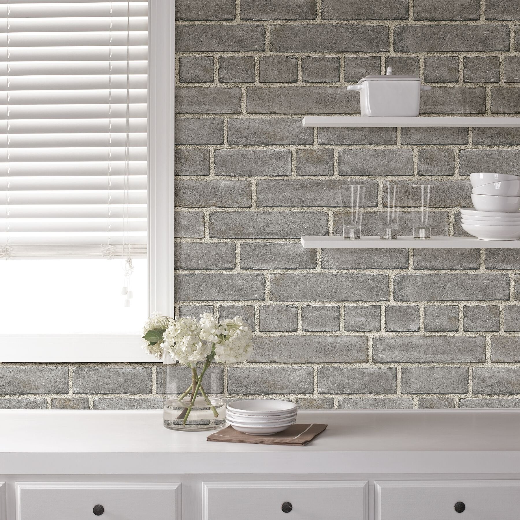 NuWallpaper NU2236 Brick Fa�ade Peel & Stick Wallpaper, Grey