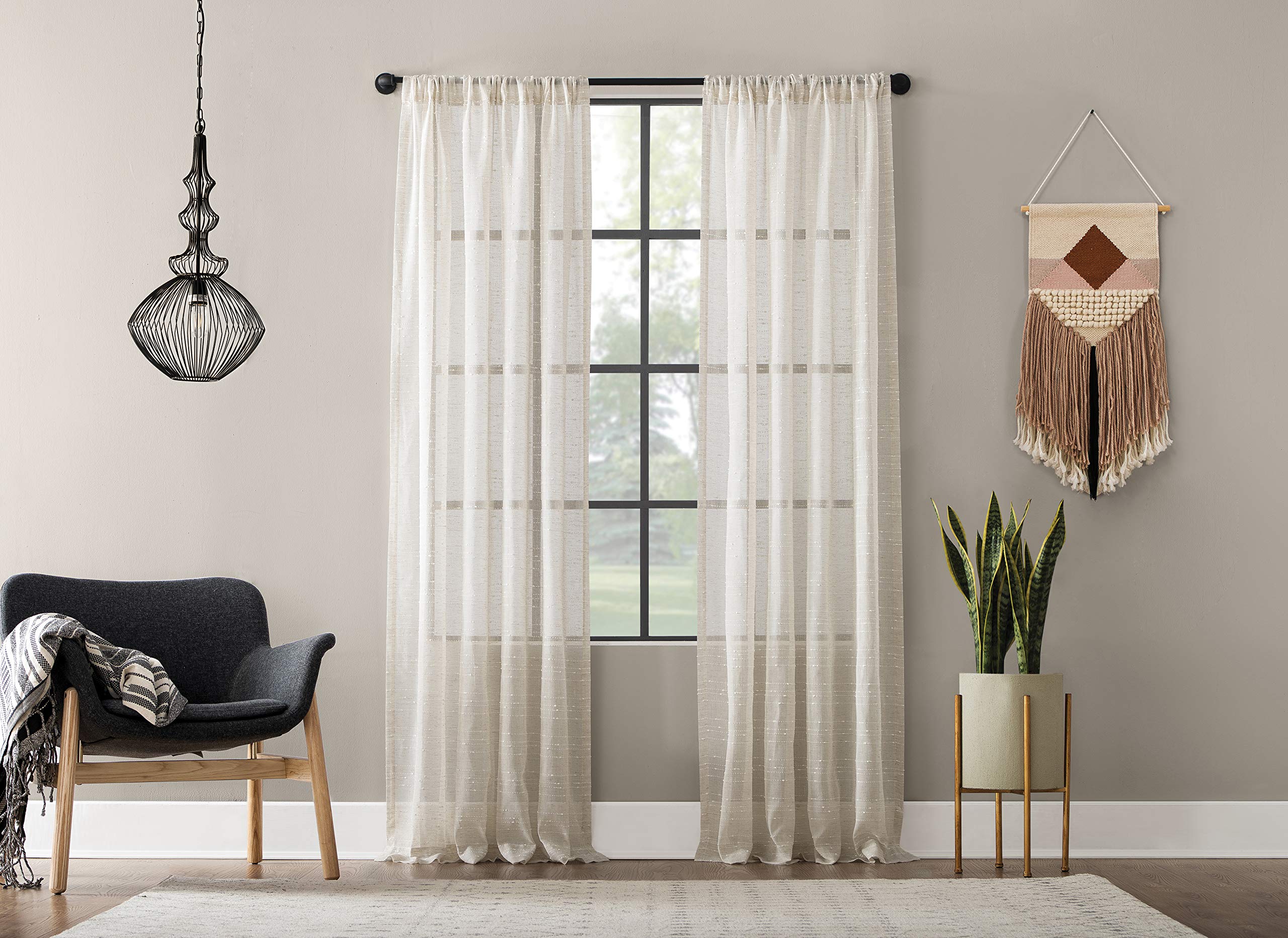 Clean Window Textured Slub Stripe Anti-Dust Allergy/Pet Friendly Sheer Curtain Panel, 52" x 84", Linen