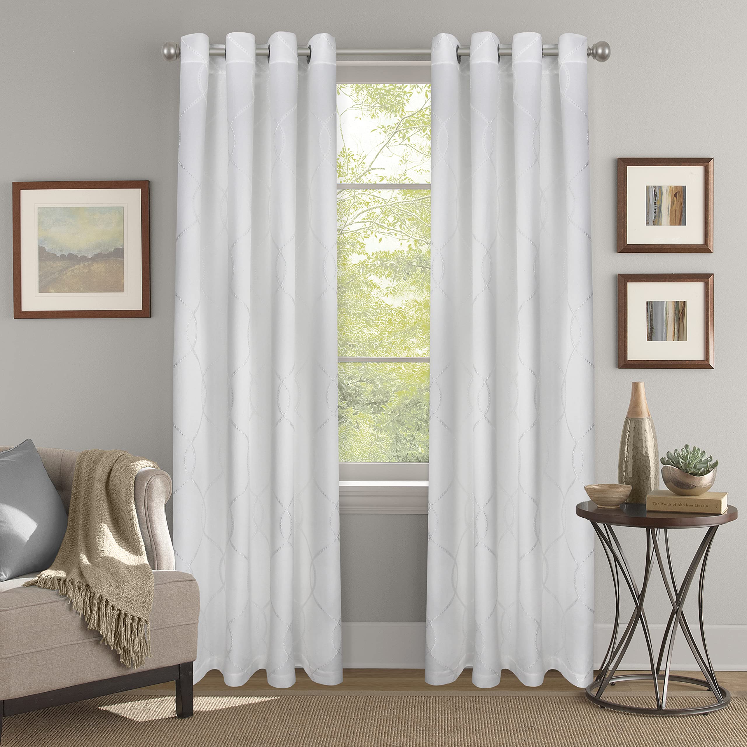 White Jacquard Grommet Room Darkening Curtain - 52 in. W x 84 in. L