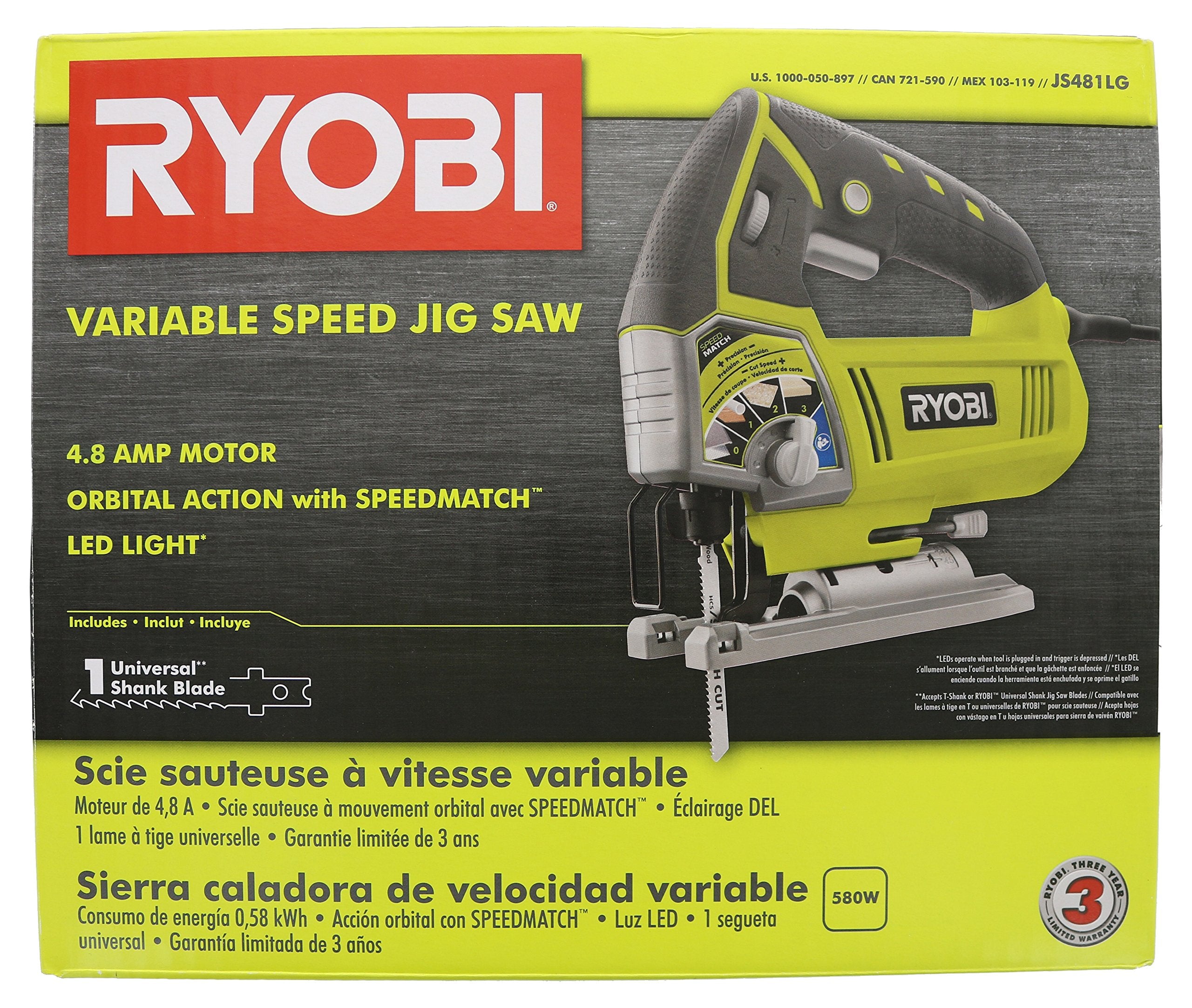 Ryobi JS481LG 4.8 Amp Corded Variable Speed T-Shank Orbital Jig Saw w/ Onboard LED Lighting System