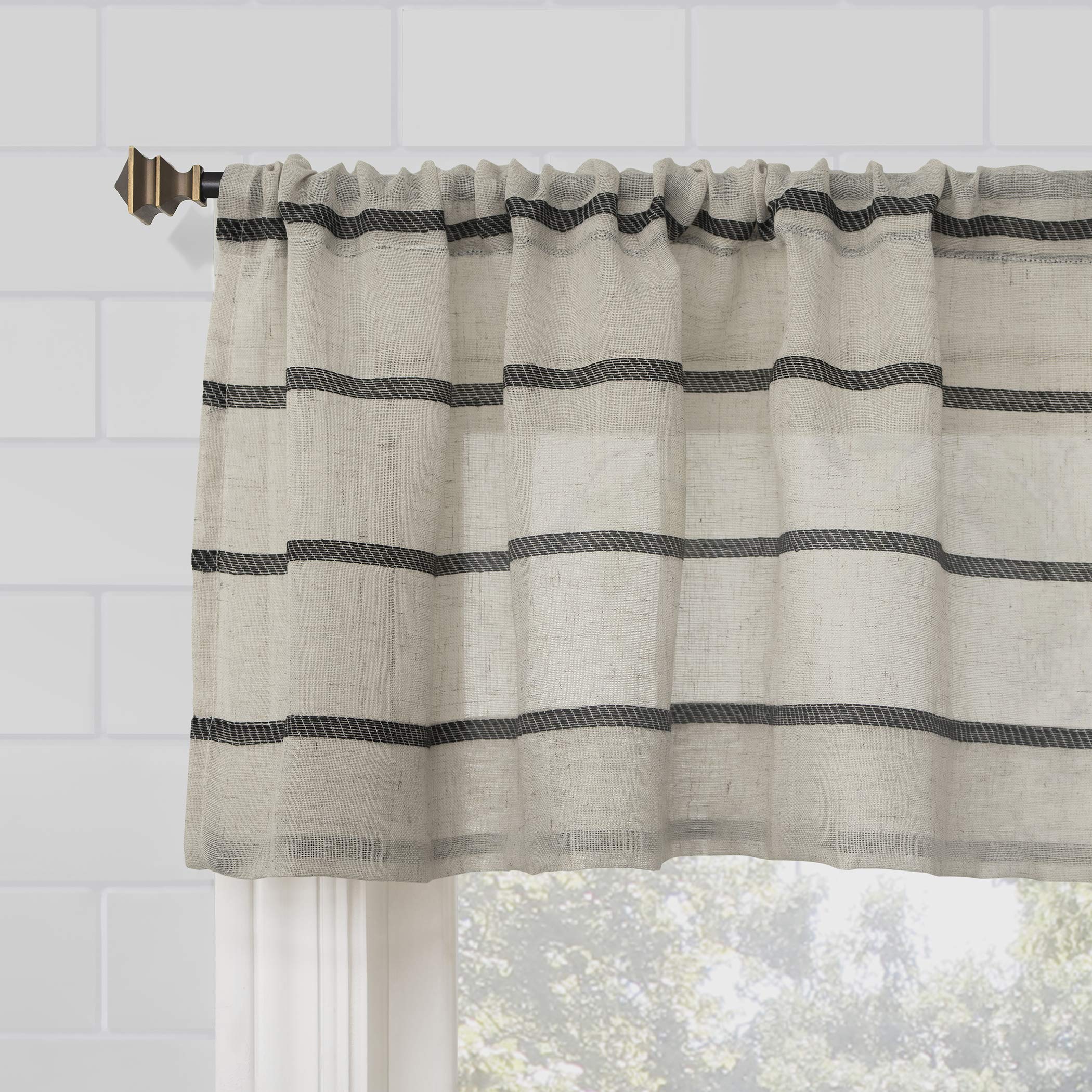 Clean Window Twill Stripe Anti-Dust Allergy/Pet Friendly Anti-Dust Sheer Cafe Valance, 52" x 14", Black/Linen