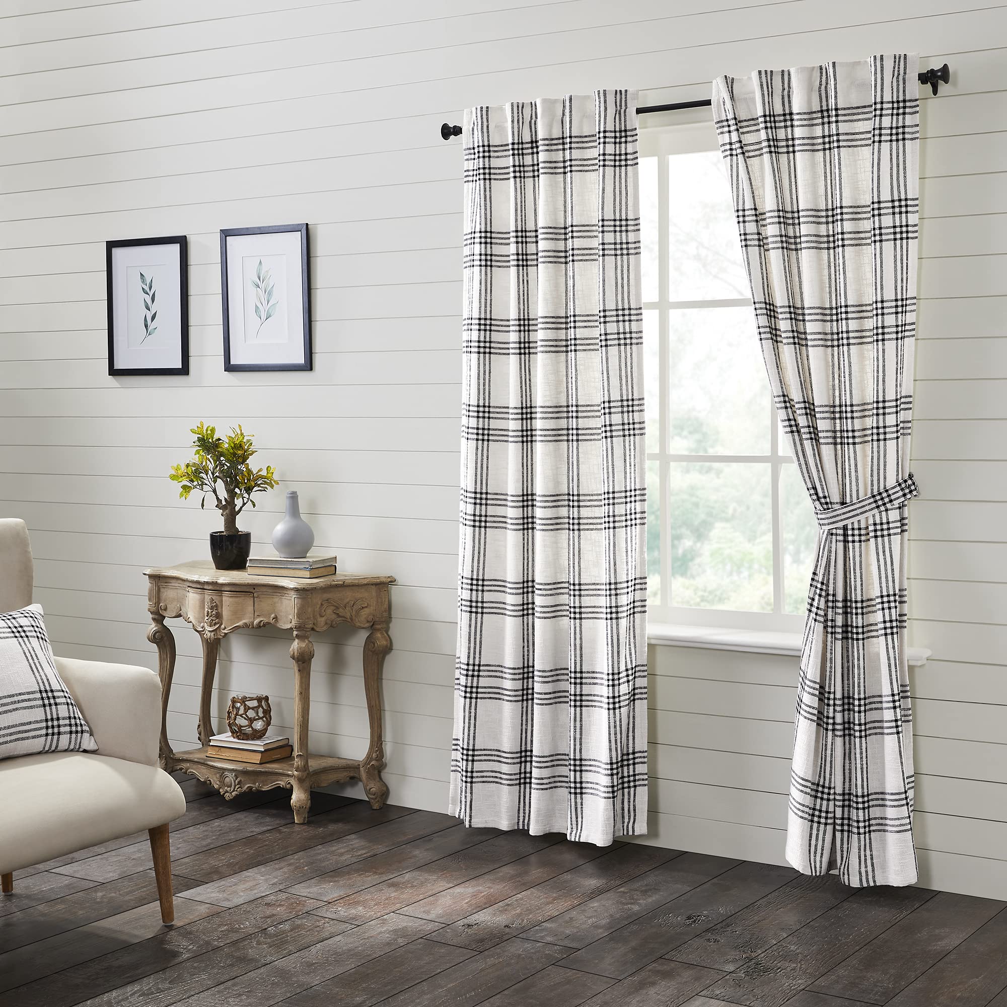 VHC Brands Plaid Curtain Panel, Black, 84x40, Set of 3