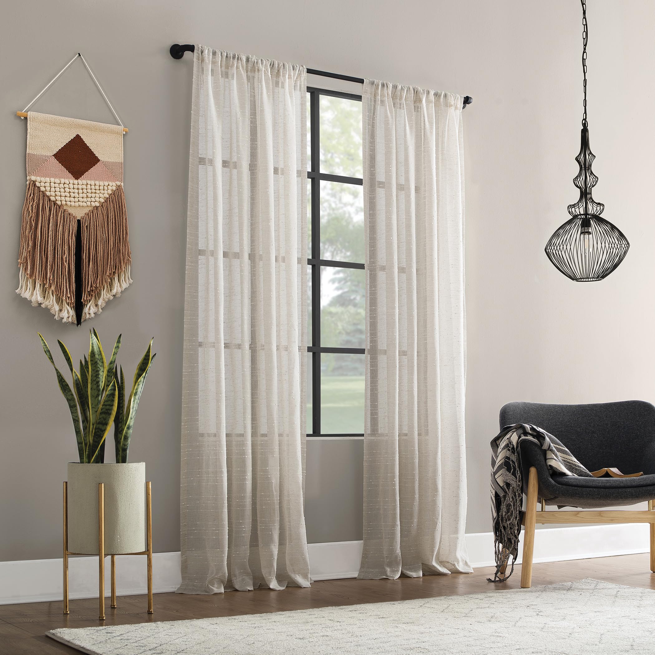 Clean Window Textured Slub Stripe Anti-Dust Allergy/Pet Friendly Sheer Curtain Panel, Linen, 52" W x 84" L (1 Panel)