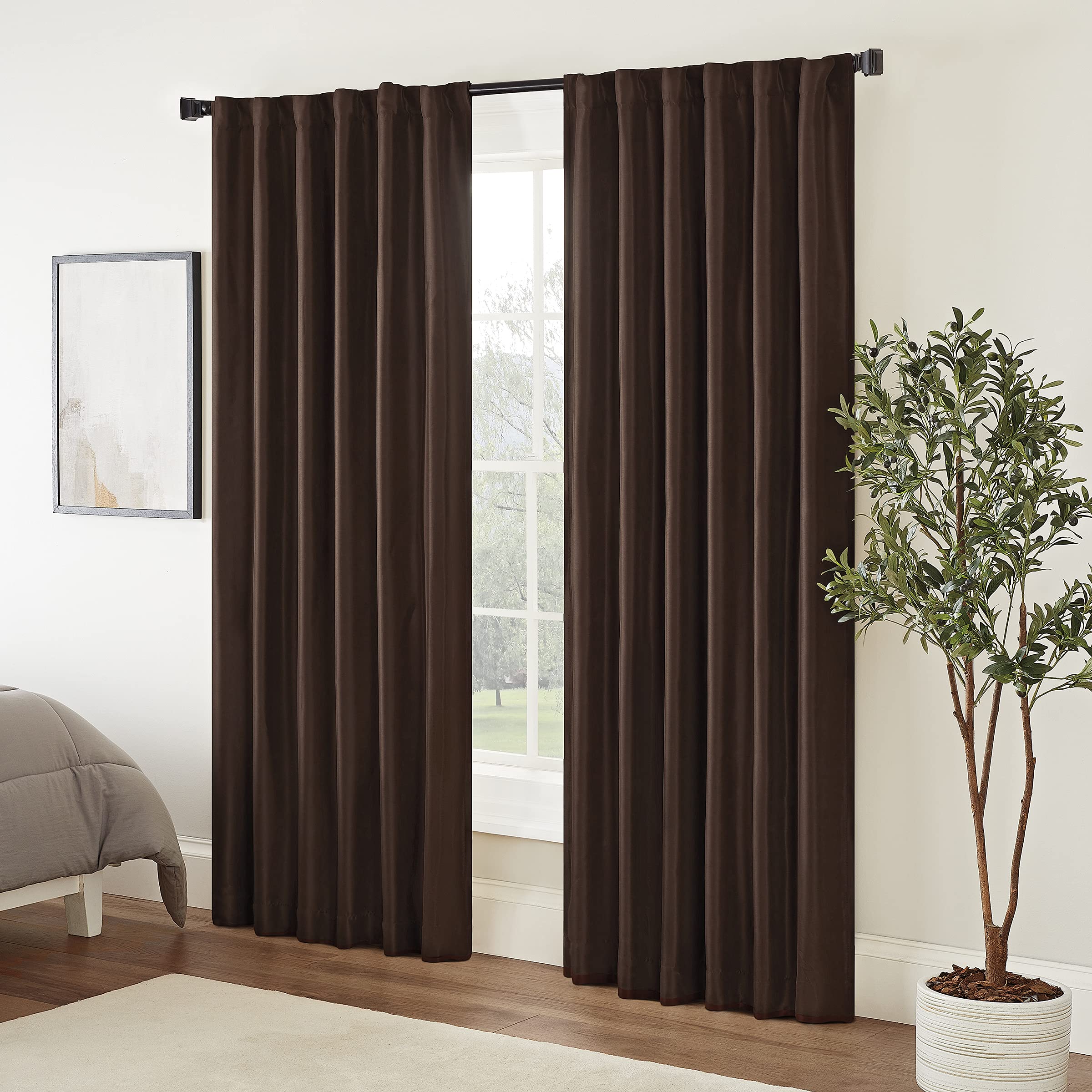 ECLIPSE Fresno Modern Blackout Thermal Rod Pocket Window Curtain for Bedroom (1 Panel), 52" x 84", Espresso