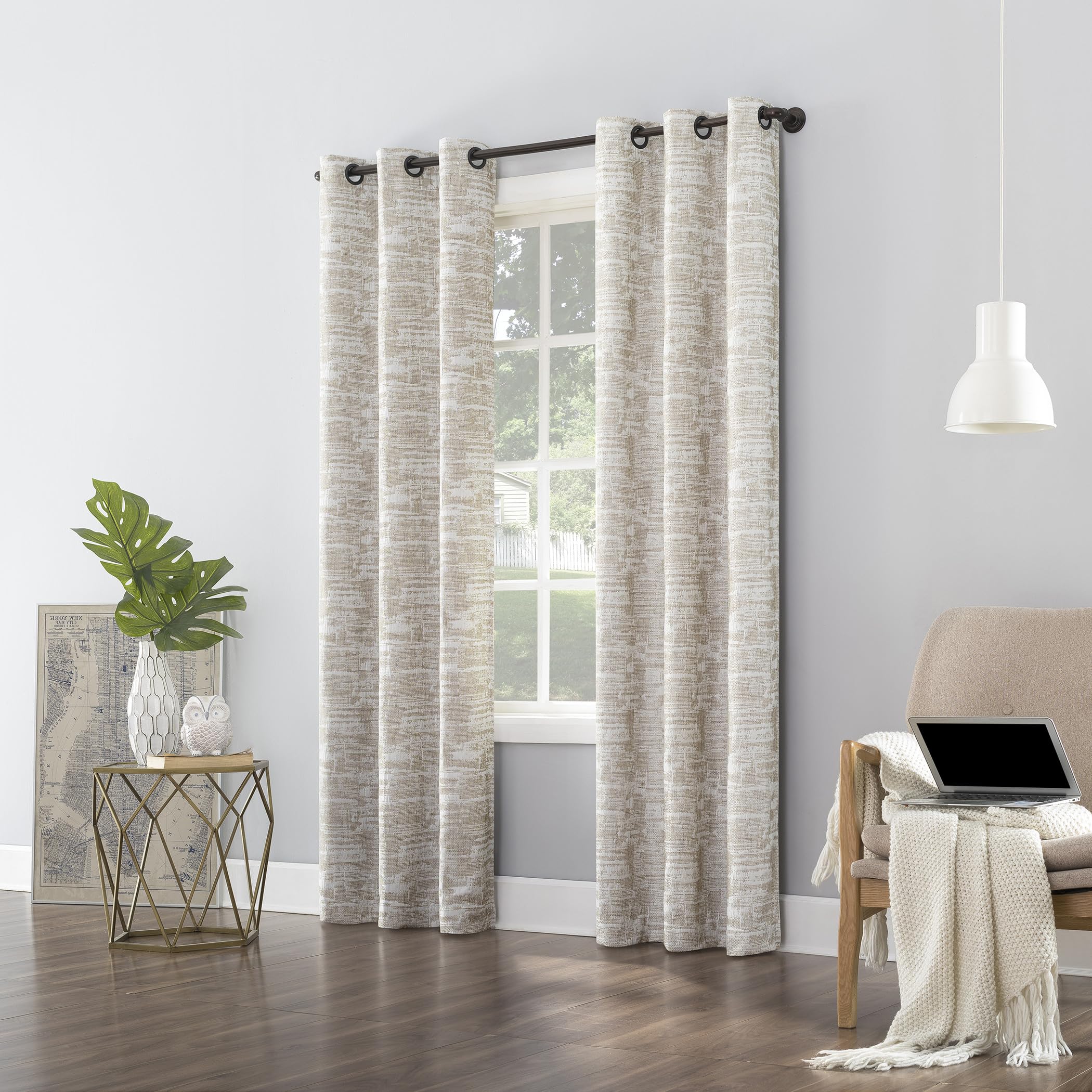 Sun Zero Parrish Distressed Grid Thermal Extreme Total Blackout Grommet Curtain Panel, 40" x 84", Stone
