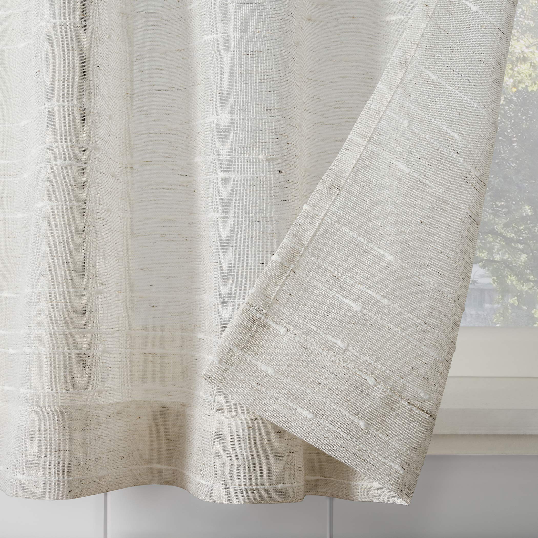 Clean Window Textured Slub Stripe Anti-Dust Allergy/Pet Friendly Sheer Cafe Curtain, 52" x 36", Linen