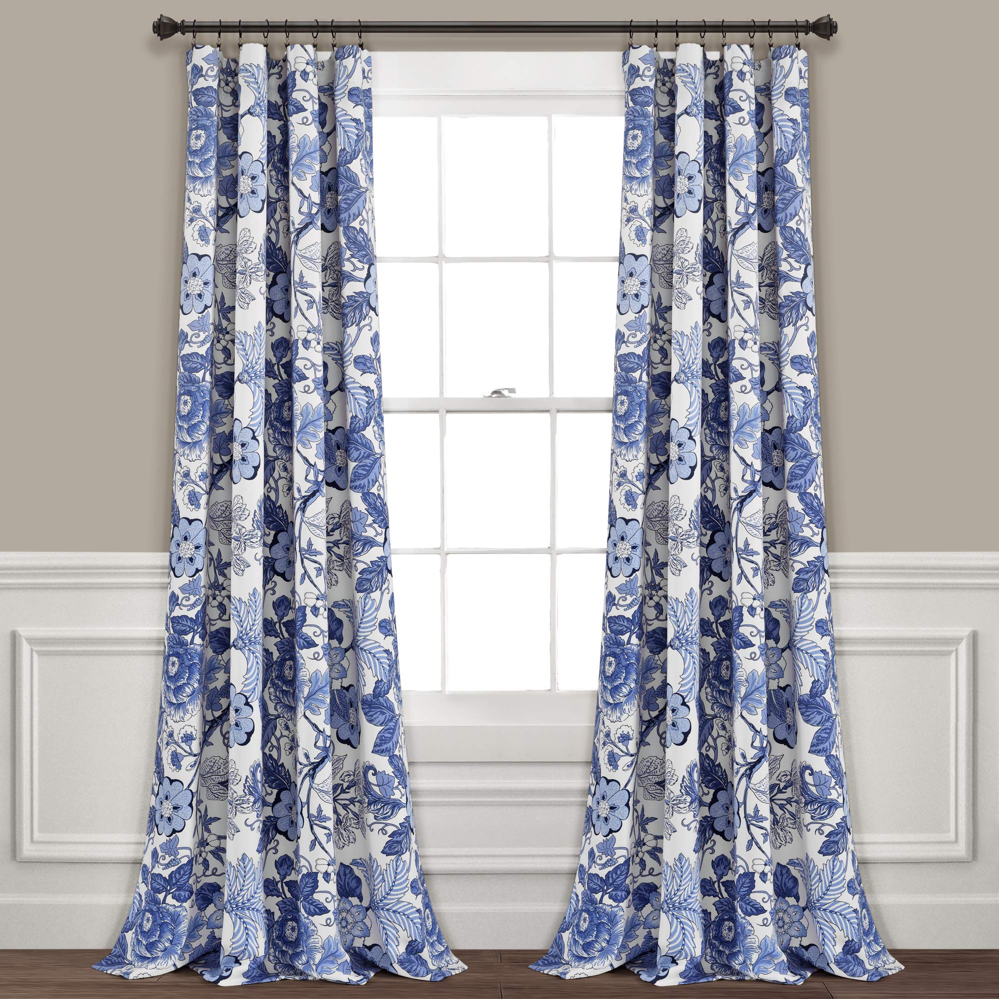 Lush Decor Navy White Sydney Curtains | Floral Garden Room Darkening Window Set for Living, Dining, Bedroom Long x 52” Wide, 84" L Panel Pair